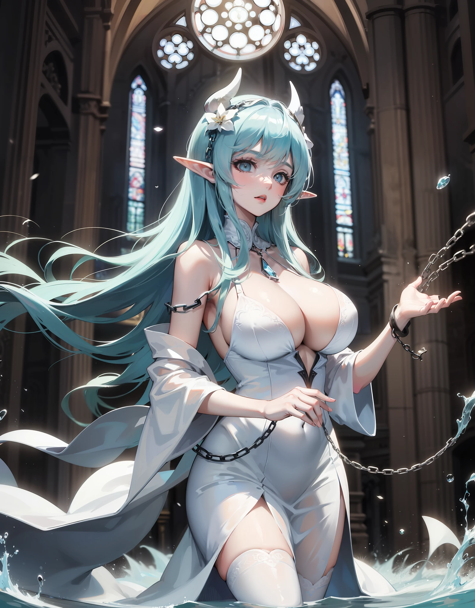 Young woman with white horns walking with chains and extremely long and flowing light blue hair and elf ears with white horns in a cathedral at night using water magic to create a ball of water with a white wedding dress that breaks in the water into drops, Ela tem um corpo volumoso e os seios, breasts and bust are huge, ela tem um rosto macio delicado lindo e perfeito, Particles of water come out of her dress and body.