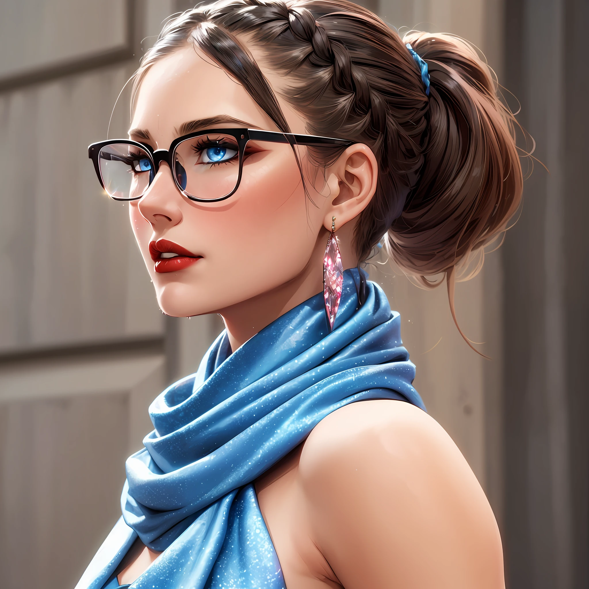 woman,black hair French braid ponytail, some hair falling over face, nerd glasses, blue eyes, dark red lips, heavy blush, wearing shimmering fabric scarf around the neck, crystal blue backless dress --auto