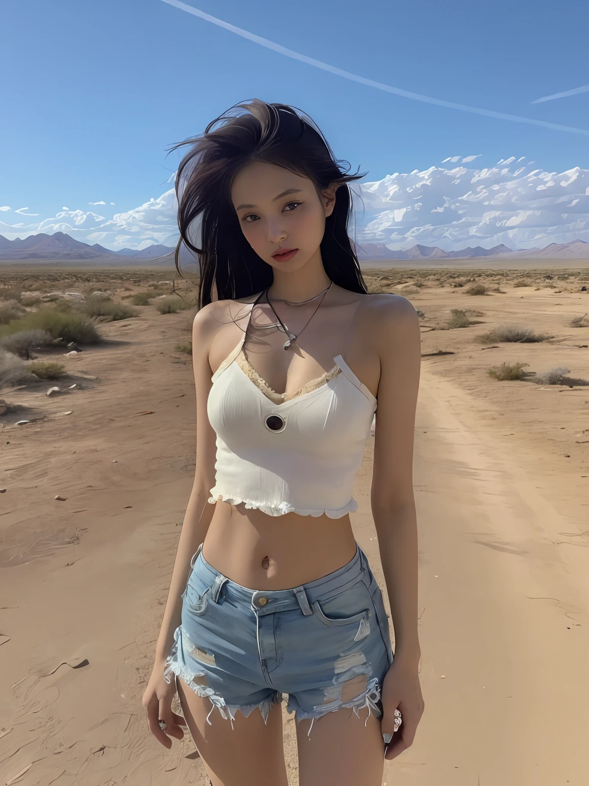 Masterpiece, superlative, realisitic, Crystal wears trendy brands. Football T-shirt, Shorts, open waist, bare shoulder, cleavage, Layered, Long leg, wasteland punk style, The background is a wasteland, desert, Wind and dust details complex, High image quality, photography lighting, 16 k,No bra,White panties,Wet body