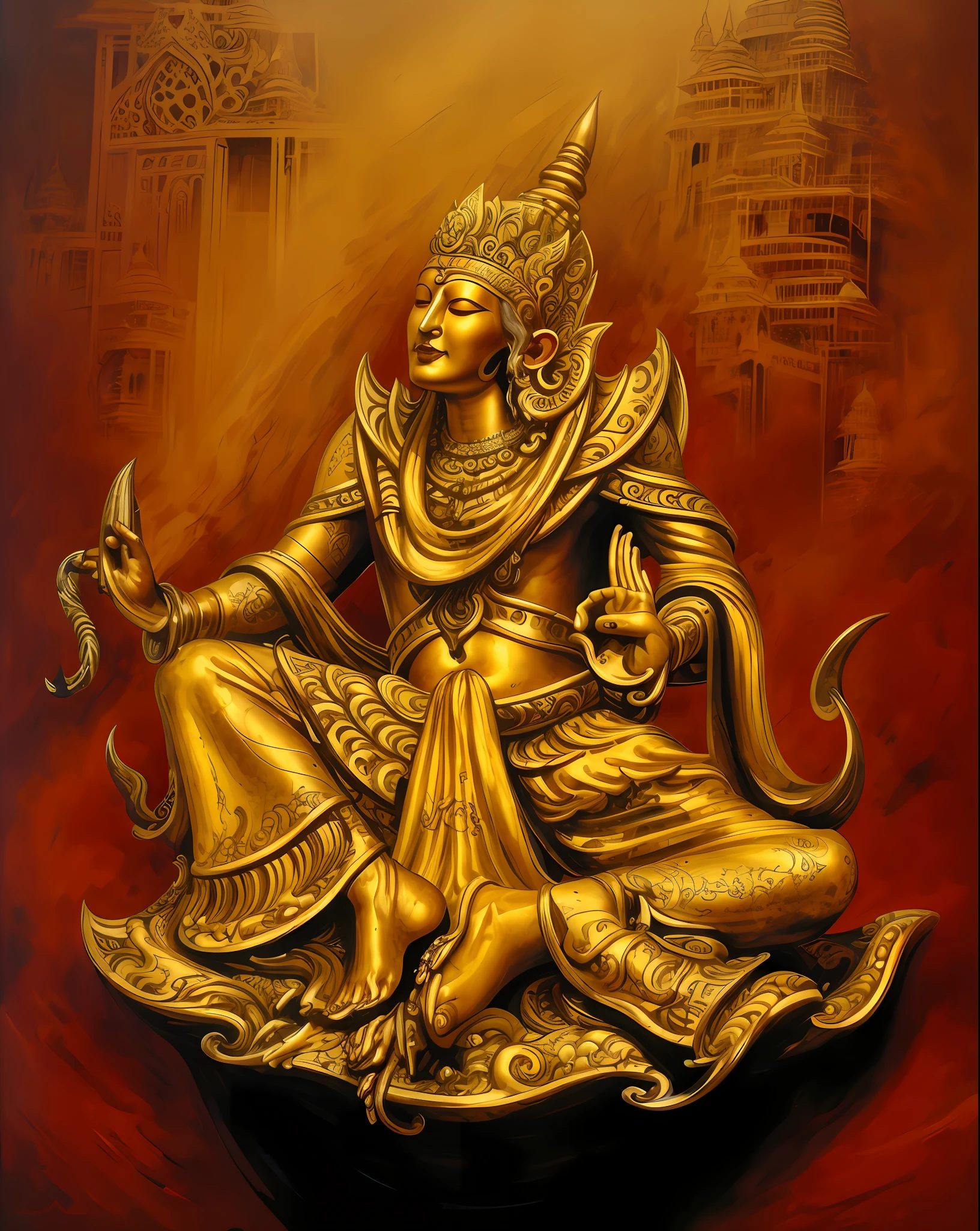 painting of a golden statue of a person sitting on a red surface, the god emperor of mankind, by Sasha Putrya, thailand art, tithi luadthong, apsaras warrior, indian god, indian goddess of wealth, goddess. extremely high detail, hindu god, ( ( god king of ai art ) ), god emperor, samsara, attractive male deity of a myanmar ancient god sitting on a rug with a snake in her hand, javanese mythology, attractive male deity, asura from myanmar myth, puṣkaracūḍa, kuntilanak on bayan tree, indian god, bodhisattva, apsaras warrior, nagas, hindu god, naga-hakash, naga, artstation, illustration, arte conceitual, smooth and sharp focus, arte de John Collier e Albert Aublet e Krenz Cushart e Artem Demura, circunstanciado, intrincado, Foto premiada, BLN-L24, exposure, Alto contraste, 8k 3D, cinematic lighthing.