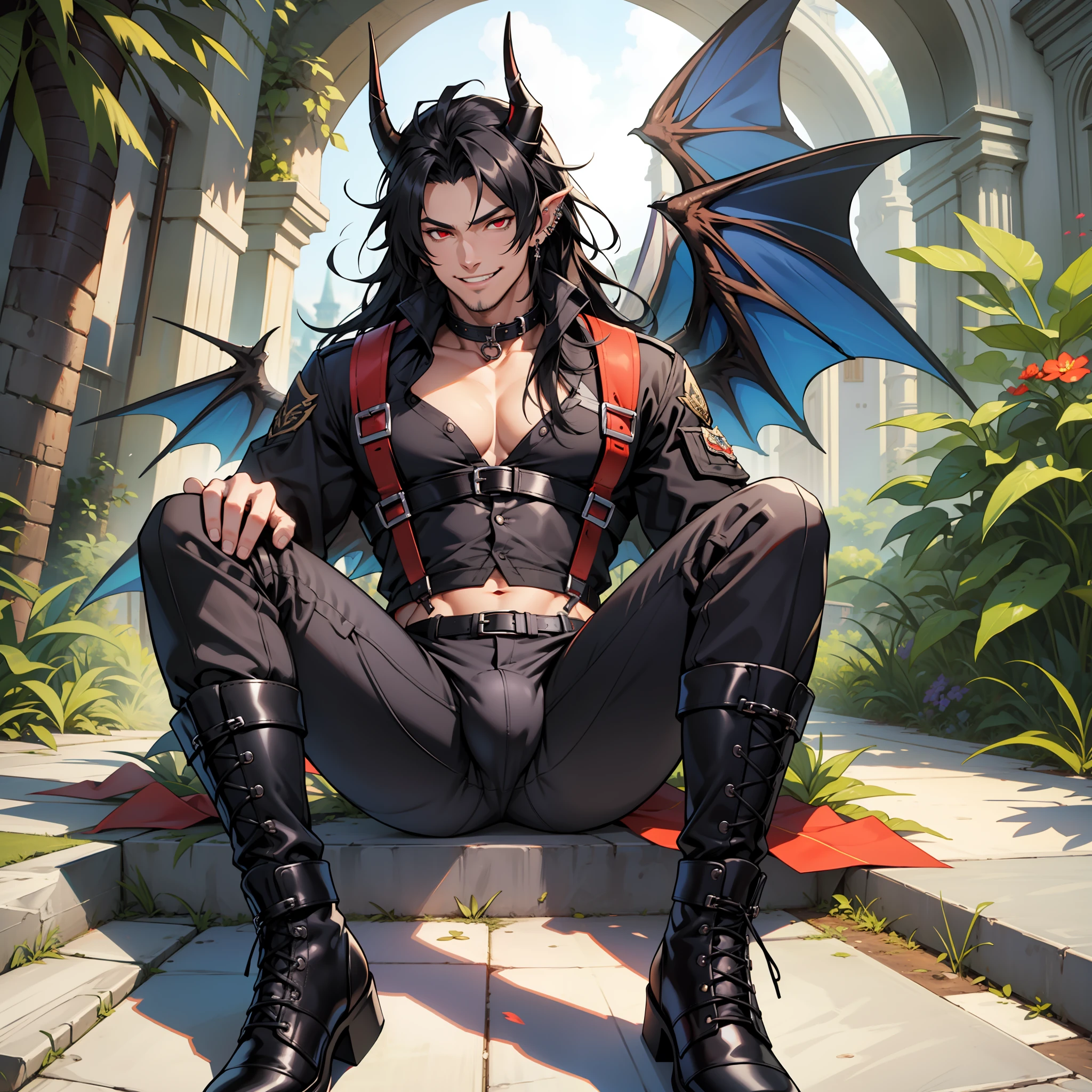 Handsome male, red eyes, black hair, long hair, horns, chest harness, black pants, black boots, piercings, plants, palace, wings, handsome, smile, handsome features, ecstasy, flirty, big bulge in pants, sly smile, mischievous