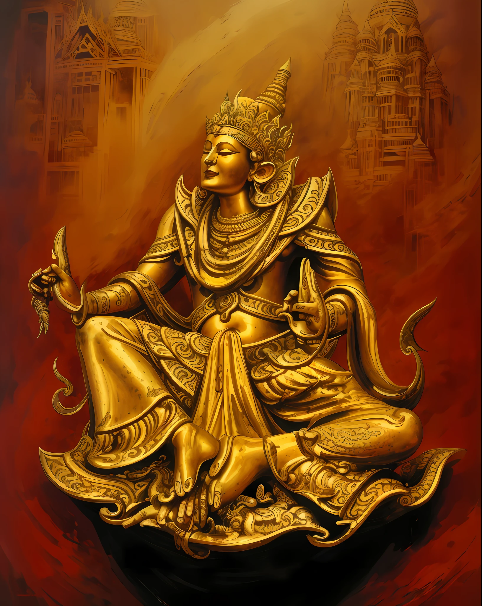 painting of a golden statue of a person sitting on a red surface, the god emperor of mankind, by Sasha Putrya, thailand art, tithi luadthong, apsaras warrior, indian god, indian goddess of wealth, goddess. extremely high detail, hindu god, ( ( god king of ai art ) ), god emperor, samsara, attractive male deity of a myanmar ancient god sitting on a rug with a snake in her hand, javanese mythology, attractive male deity, asura from myanmar myth, puṣkaracūḍa, kuntilanak on bayan tree, indian god, bodhisattva, apsaras warrior, nagas, hindu god, naga-hakash, naga, artstation, illustration, arte conceitual, smooth and sharp focus, arte de John Collier e Albert Aublet e Krenz Cushart e Artem Demura, circunstanciado, intrincado, Foto premiada, BLN-L24, exposure, Alto contraste, 8k 3D, cinematic lighthing.