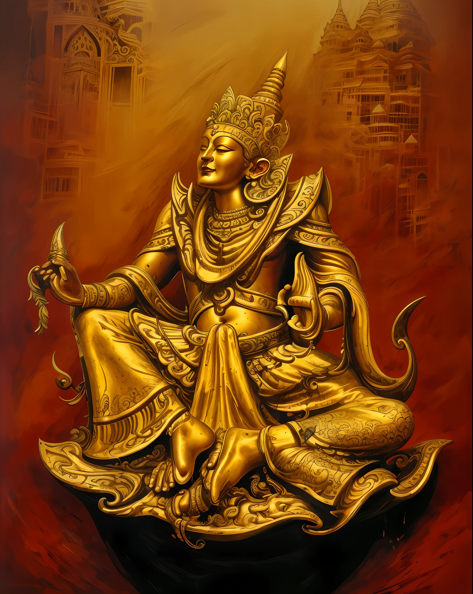 painting of a golden statue of a person sitting on a red surface, the god emperor of mankind, by Sasha Putrya, thailand art, tithi luadthong, apsaras warrior, indian god, indian goddess of wealth, goddess. extremely high detail, hindu god, ( ( god king of ai art ) ), god emperor, samsara, attractive male deity of a myanmar ancient god sitting on a rug with a snake in her hand, javanese mythology, attractive male deity, asura from myanmar myth, puṣkaracūḍa, kuntilanak on bayan tree, indian god, bodhisattva, apsaras warrior, nagas, hindu god, naga-hakash, naga, artstation, illustration, arte conceitual, smooth and sharp focus, arte de John Collier e Albert Aublet e Krenz Cushart e Artem Demura, circunstanciado, intrincado, Foto premiada, BLN-L24, exposure, Alto contraste, 8k 3D, cinematic lighthing.