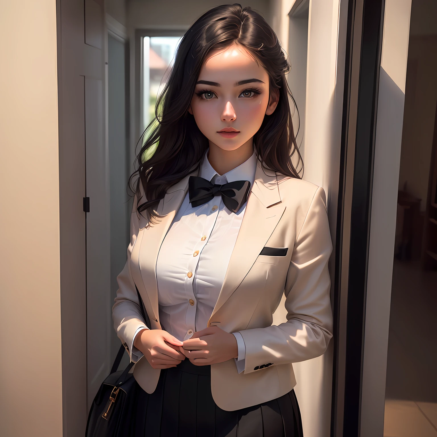 best quality, masterpiece, 1girl, Beautiful face, (photo realistic:1.3), rim lighting, (high detailed skin:1.2), 8k uhd, dslr, high quality, high resolution, 4k, 8k, Bokeh, absurdres, best ratio four finger and one thumb, (realistic:1.3), cute 1girl, wearing black formal blazer, medium breasts, short skirt,