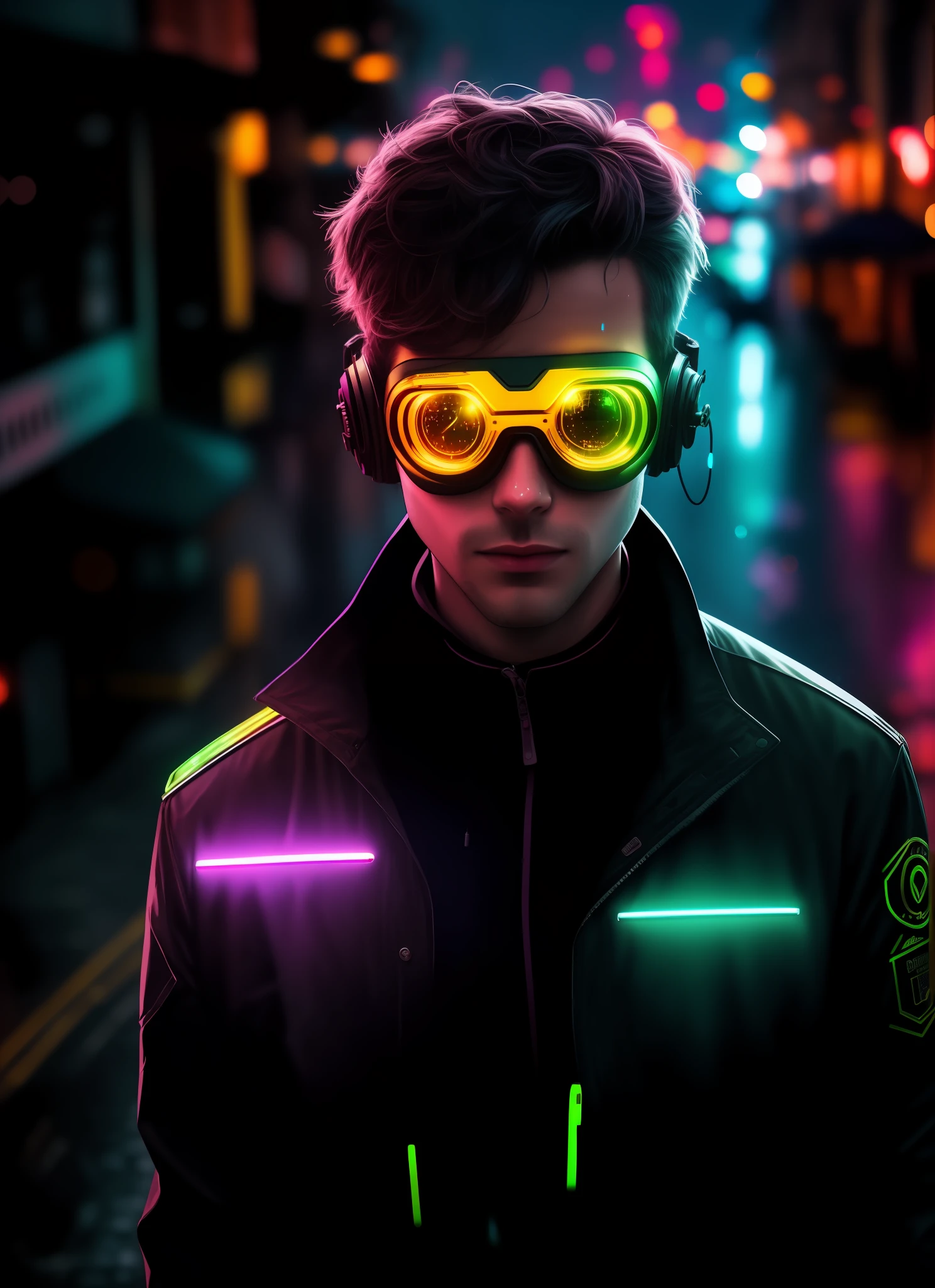 An award winning master piece photo of a cyborg man with psychedelic colors standing in a city street at night in the rain, wearing neon-colored glowing goggles, 8k, (high quality:1.1), (cinematic feeling:1.1), dark deep shadows, incredibly intricate detailing, art , (up close:1.1), from above, looking at viewer, (light sparkles:1.1), (chromatic aberration,:1.2) background with floating light artifacts