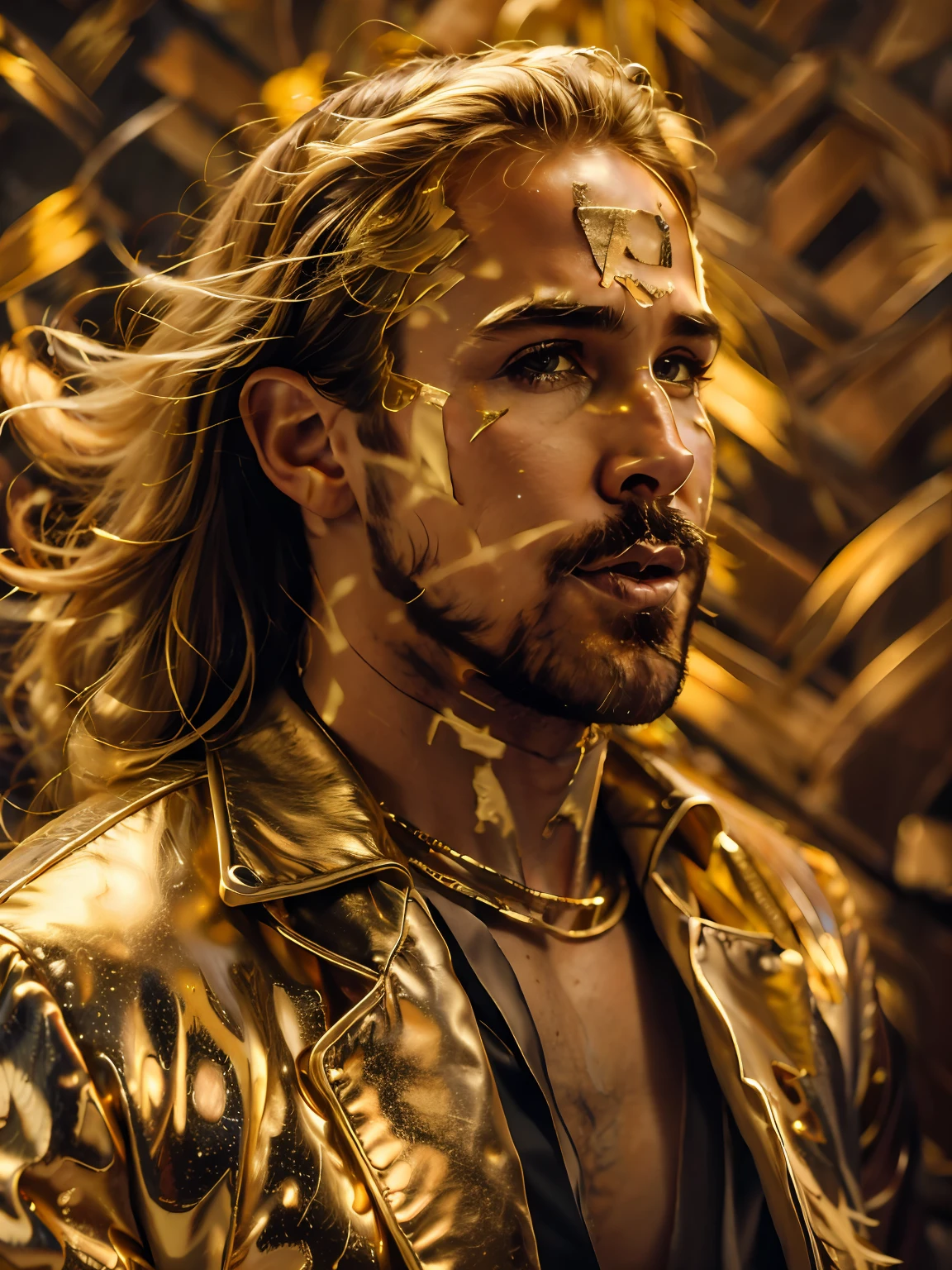 (Best Quality, Masterpiece, : 1.4), a midshot portrait of stunning muscular Ryan Gosling, (solo), long hair, (hair from gold:1.4), her hair made out from shiny polished gold, absurdes, surrealism, aestetic, shine, shine, particles