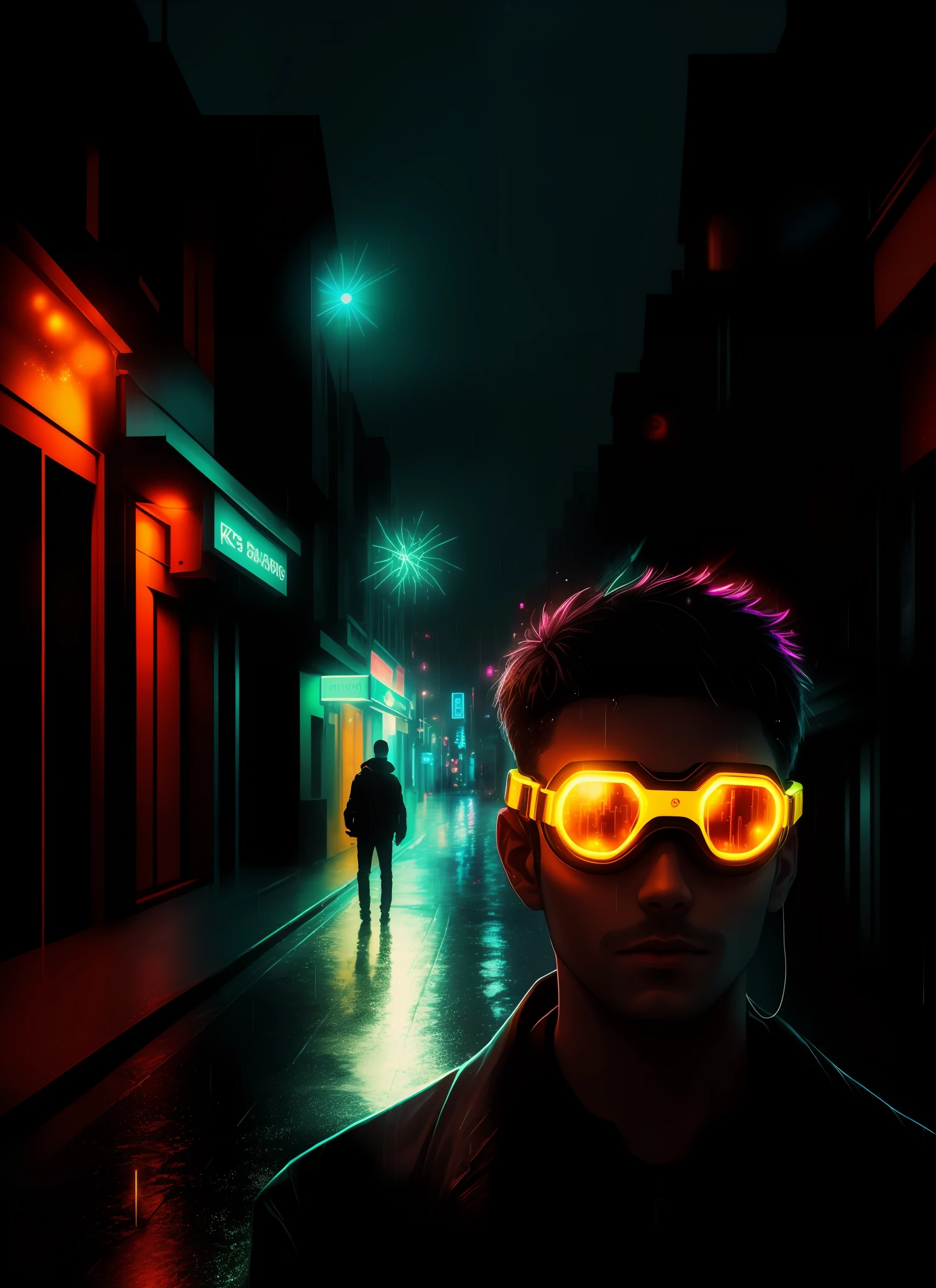 An award winning master piece photo of a cyborg man with psychedelic colors standing in a city street at night in the rain, wearing neon-colored glowing goggles, 8k, (high quality:1.1), (cinematic feeling:1.1), dark deep shadows, incredibly intricate detailing, art , (up close:1.1), from above, looking at viewer, (light sparkles:1.1), (chromatic aberration,:1.2) background with floating light artifacts