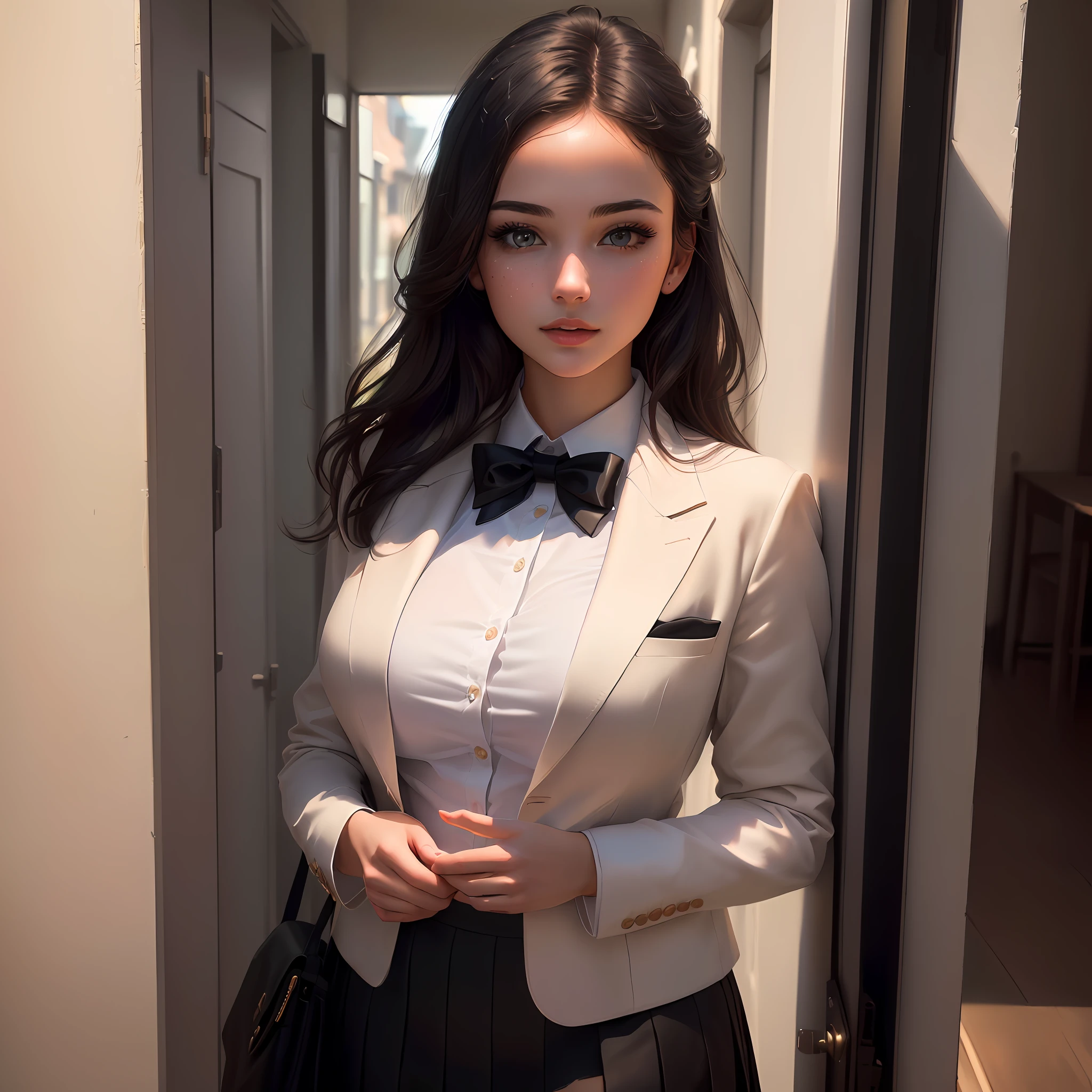 best quality, masterpiece, 1girl, Beautiful face, (photo realistic:1.3), rim lighting, (high detailed skin:1.2), 8k uhd, dslr, high quality, high resolution, 4k, 8k, Bokeh, absurdres, best ratio four finger and one thumb, (realistic:1.3), cute 1girl, wearing black formal blazer, medium breasts, short skirt,