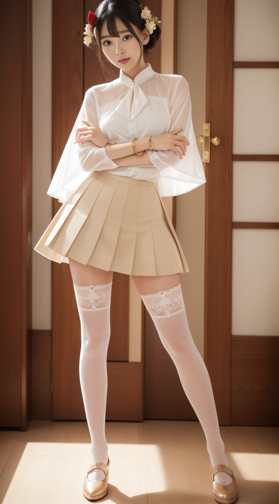 Charming Japanese style beauty、White blouse、Black pleated skirt、charming oval face、二重まぶた、Clear eyes、Red shiny lips、Beige stockings、Floral stockings、panthyhose、Beautiful thin legs、toned ankles、The ultra -The high-definition、The ultra-detailliert、Elegant standing figure、top-quality、8K、ultra-detailliert、9 head body、seductiv、A bracelet