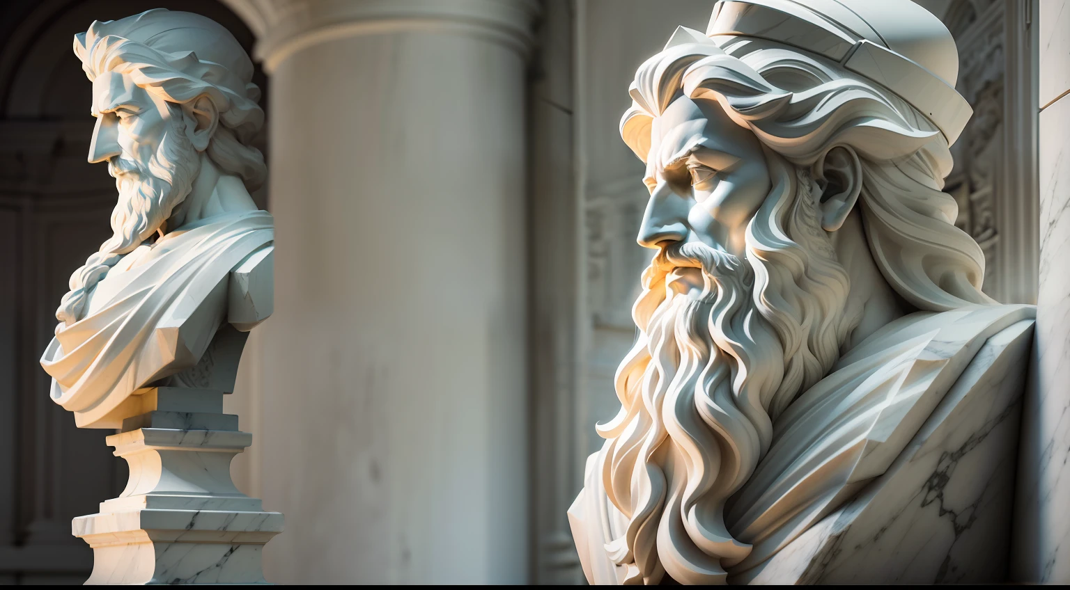 White marble statue of bust of wise man with the style of the Greek beard philosopher in the museum. Atmosfera escura, ato contraste de luz e sombra, fotografia profissional, utrarealista, volumetric light, cinemactic