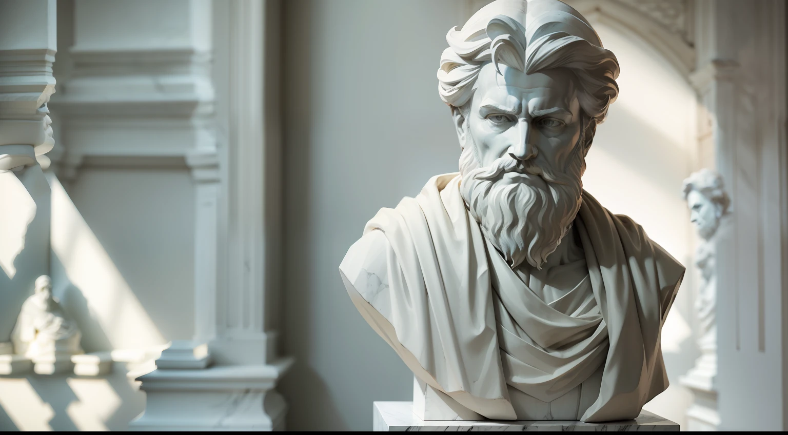 White marble statue of bust of wise man with the style of the Greek beard philosopher in the museum. Atmosfera escura, ato contraste de luz e sombra, fotografia profissional, utrarealista, volumetric light, cinemactic