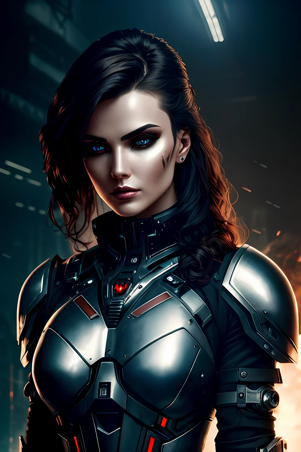 a beautiful woman cyborg warrior in the Style-RustMagic, cyberpunk augmentation, cyberware, Cyborg, carbon fibers, Chrome, Implants, metal skull, Cyber plate armor, (Dark atmosphere:1.2), (Heavy fog & Smoke), (Dark night:1.3), the scars, (dark medium length disheveled hair:1.1), (eye shadows:1.1), (beautifully detailed glow:1.2), (Cinematic lighting), intricately details, A high resolution, Rounded eyes, Detailed facial features, Sharp focus, smooth, Aesthetic, detailed dark industrial factory background, Stylish pose, Dynamic pose, (dramapaint), (OPT-6000:0.9)