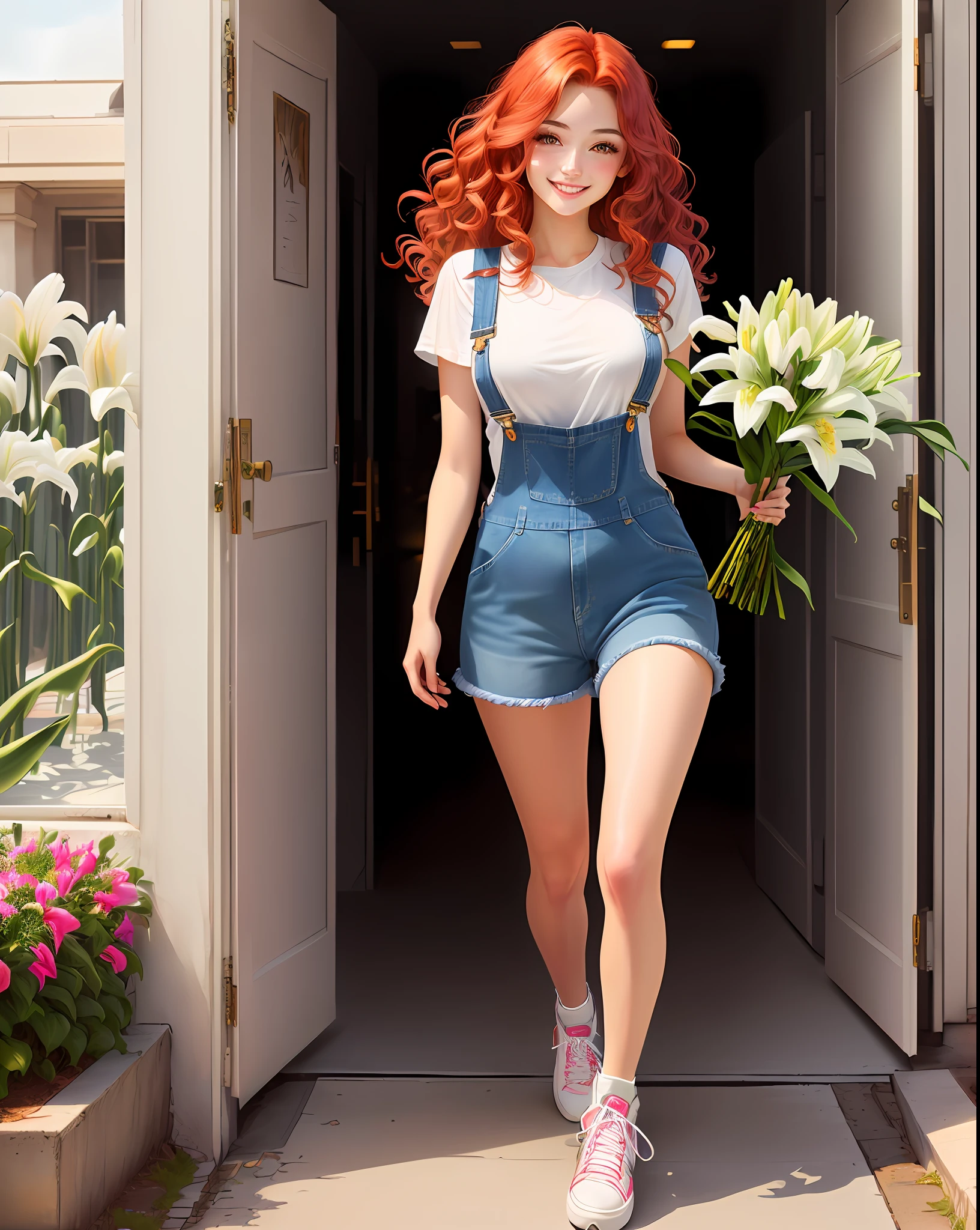 (Illustration of red-haired woman, medium and wavy hair, holding a bouquet of lilies. She's wearing denim overalls and sneakers, sorrindo alegremente.)