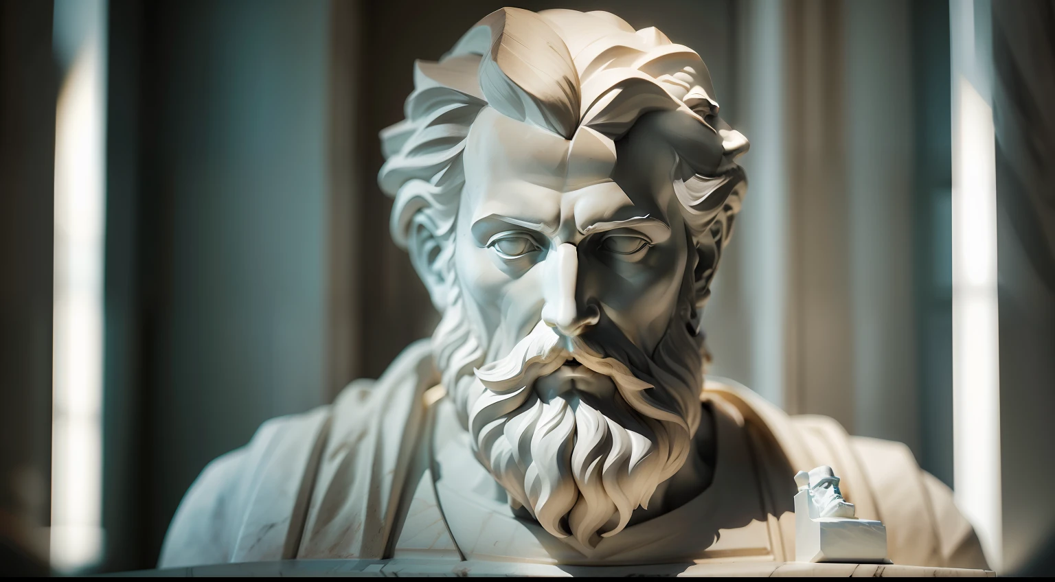 White marble statue of bust of wise man with the style of the Greek beard philosopher in the museum. Atmosfera escura, ato contraste de luz e sombra, fotografia profissional, utrarealista, volumetric light, cinemactic