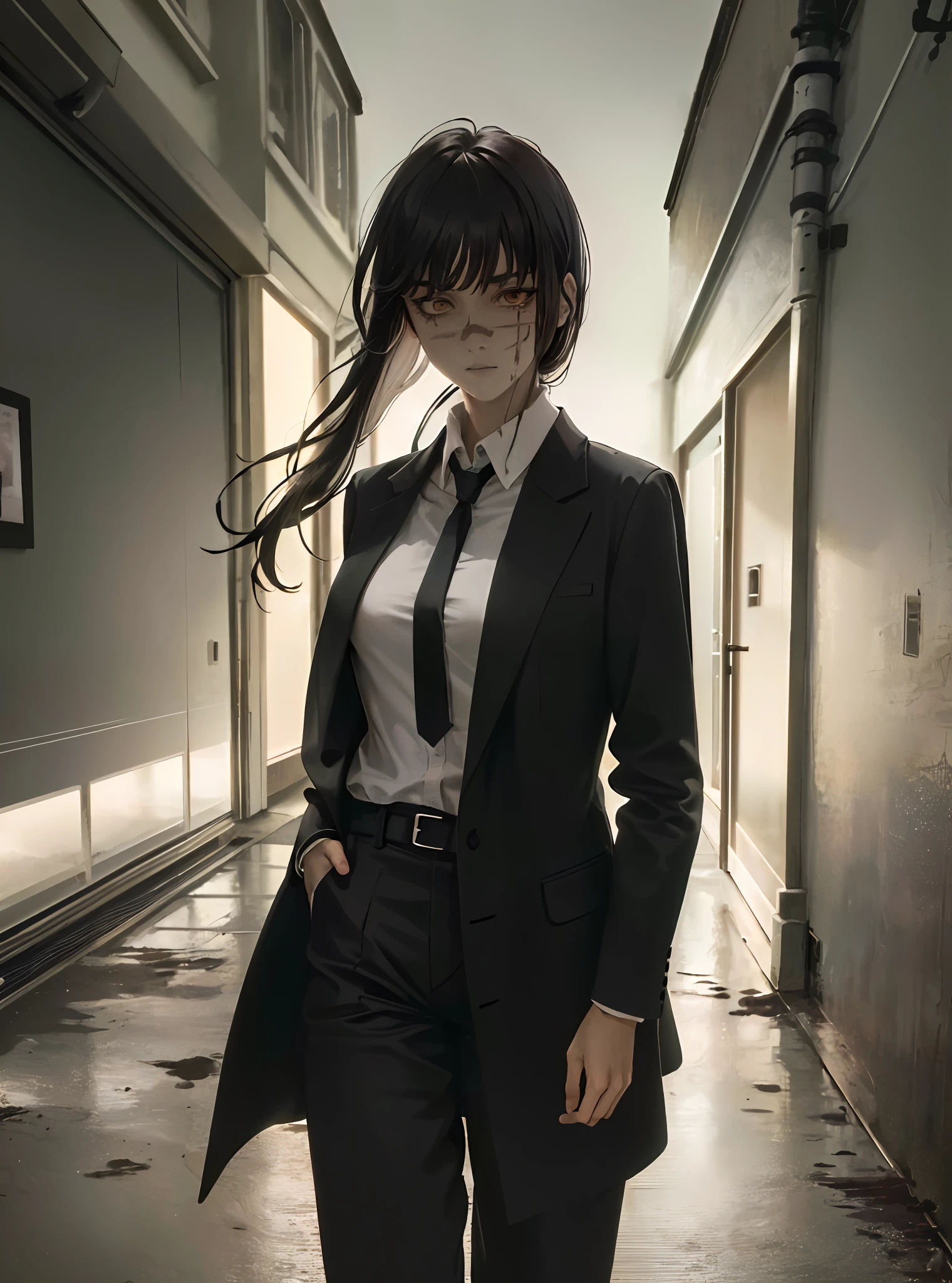 (masterpiece:1.2), best quality, masterpiece, highres, 8k, photorealistic, original, extremely detailed wallpaper, (ultra-detailed), (best illustration), (best shadow), 1girl, (upper body:1.4), Yoru, standing, braided ponytail, ringed eyes, collared shirt, black necktie, black pants, black overcoat, hand in overcoat pocket, blood stains, blood on shirt, blood on face, expressionless, walking towards viewer, ((night, dark atmosphere, dark theme, scary atmosphere, darkness:1.5)), glowing eyes, smoke, looking at viewer, narrow alley, metal bars, blood on floor, blood on walls,
