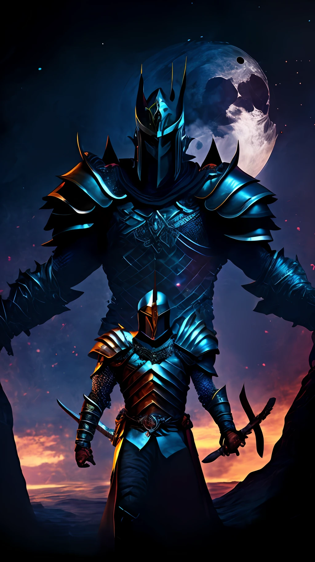 The_Tall_Knight: A majestic and powerful young man standing tall in shining armor, commanding respect and fear. Detailed armor embellished with intricate designs and engravings. Piercing eyes radiating determination and strength. Surrounded by a mystical aura, amidst a backdrop of swirling mist and moonlit skies. Deep shadows and dramatic lighting enhance the air of mystery. Immersed in a vast fantasy world, ready to embark on epic quests and vanquish formidable foes