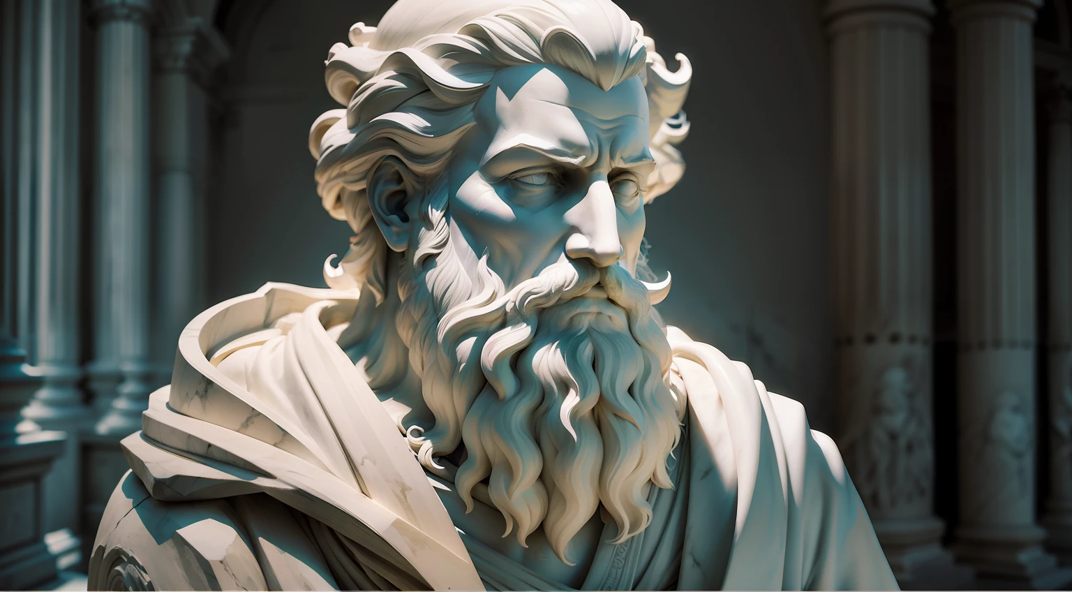 White marble statue of wise man with the style of the Greek beard philosopher in the museum. Atmosfera escura, ato contraste de luz e sombra, fotografia profissional, utrarealista, light volumetric, cinemactic