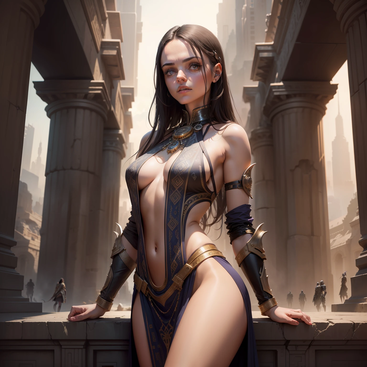 A High-Resolution full-body length hyper-detailed portrait in the of Douglas Beekman and Frank Frazettaof an attractive young woman that looks Christina Ricci wearing a Hyper-detailed low-cut short Ancient Greek tunic with one bare shoulder hyper detailed with a futuristic Sci-fi City in the Background