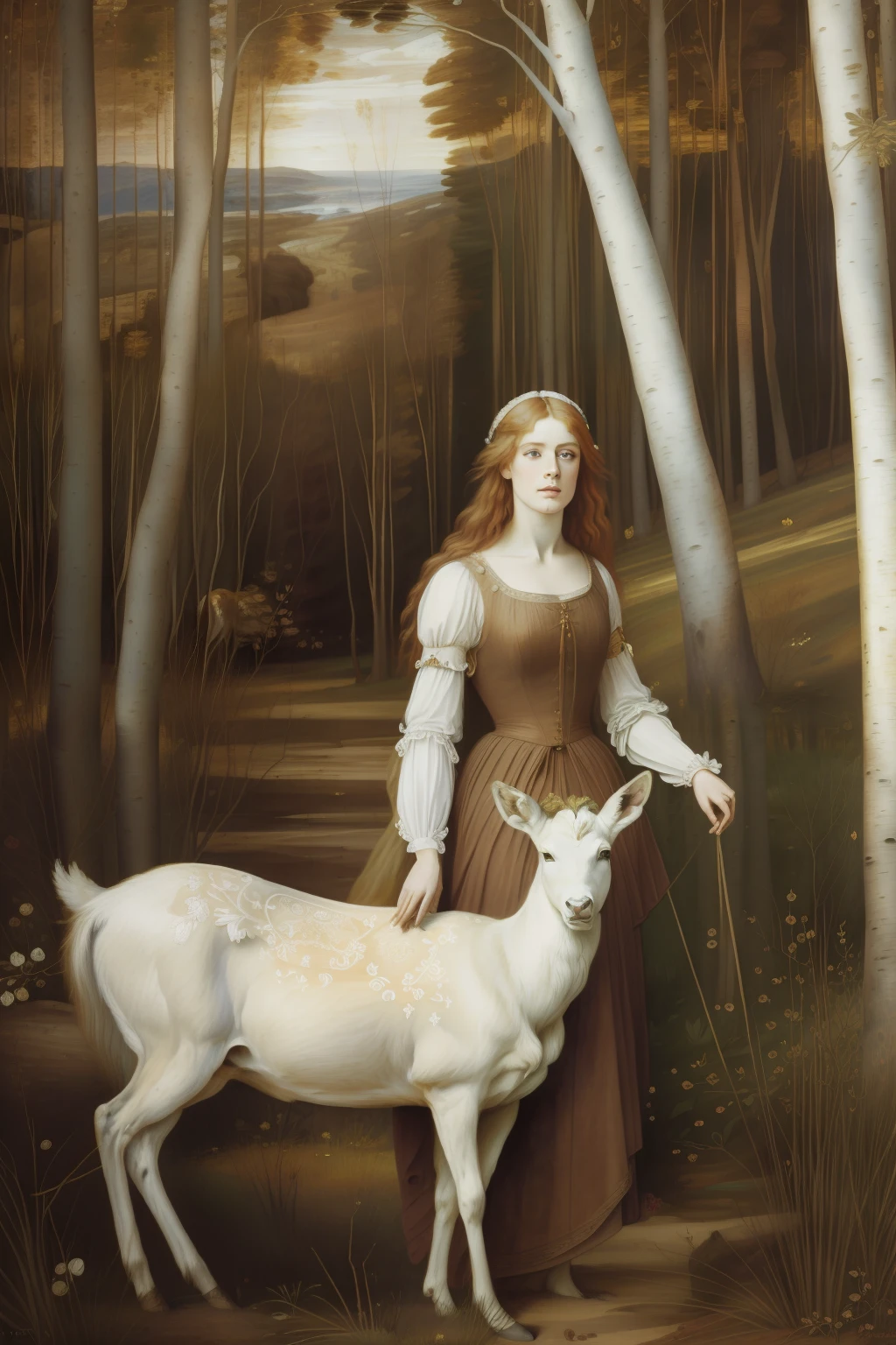 cabelos loiros, (((Pre-Raphaelite and Renaissance painting))), qualidade excepcional, incredible details, Portrait of a blonde Celtic maiden and a white deer in a birch forest. paisagem celta, sun sunset.