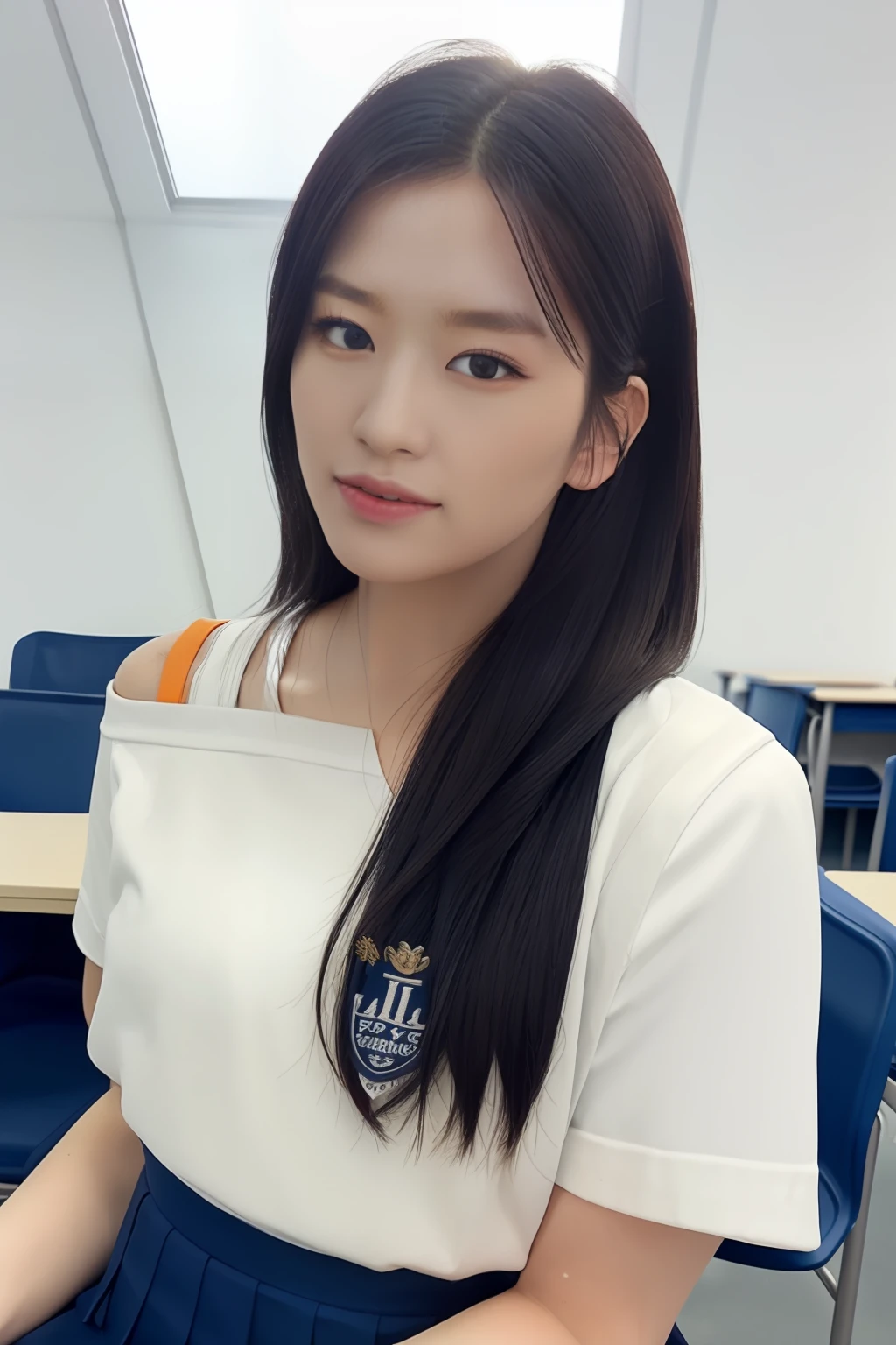 Eugene,(close up photo:1.2),(pov:1.4),(Female student wearing high school uniform and skirt:1.5), South Korean, femele, perfect  eyes,1girl,Complex 3D rendering, ultra-detail, Portrait of a beautiful woman, Capricious portrait, Striking features, beauty, intriciate detail, dramatic composition, Tension, Faint hair, contrast, Texture, 真实感, high-quality rendering, stunning art, highs quality, film grain, FUJIFILM XT3, Whirlpool bokeh, (Photorealistic, Photorealistic:1.4),Raw-Photo,physics based rendering,(8k, Top  Quality, ​masterpiece:1.2),(full body shooting:1.2),(close up photo:1.3),octan render,Highly detailed CG unity 8k wallpaper,(Studio Soft Light, Rim Light, in a classroom, sunlights:1.2),Surreal details, glowing skin,The ultra-detailliert,(ultra realisic:1.5),(If you look at the viewer, you will see that:1.2),(Complex:1.2),(photorealestic:1.4),a chair,a desk, (skiny:1.3),Masterpiece, superlative, realisitic, Jenny wears trendy brands. Football T-shirt, Shorts, open waist, bare shoulder, cleavage, Layered, Long leg, wasteland punk style, The background is a wasteland, desert, Wind and dust details complex, High image quality, photography lighting, 16 k,No bra,White panties,Wet body