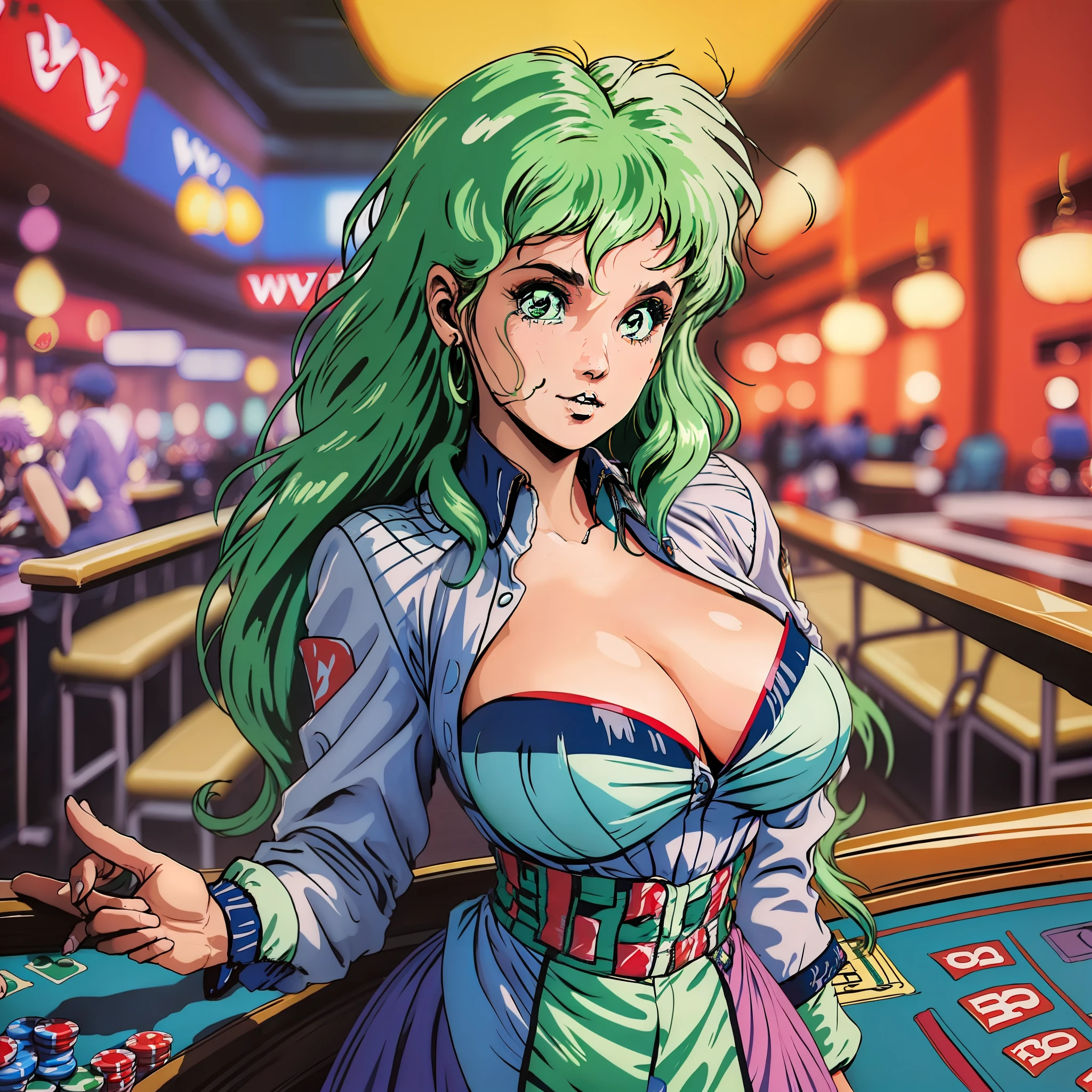 (wavy green hair woman:1.4), waitress costume, huge breasts, shoving cleavage, in a casino