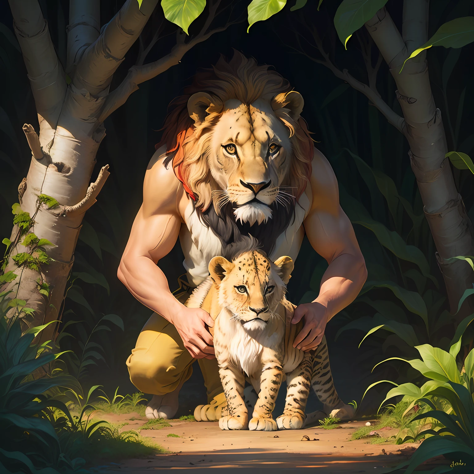 Create images of lion cub and monkey in the jungle.