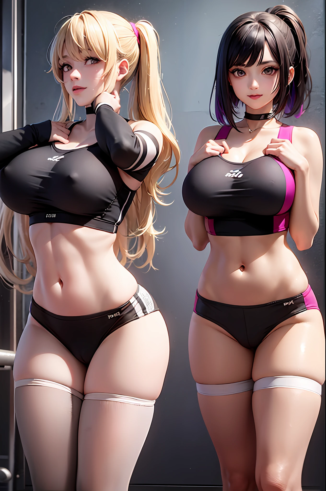 Two young women, (anime), full body poses, exercising intensively in a gym, wearing sport bras and thong made of see-through fabric, with sweat glistening on their bodies. Both have detailed short and messy multicolored hair with smirks face, and one of them has visible pubic hair. They have toned athletic bodies whit slim waist and huge sized breasts. (puffy nipple:1.3)