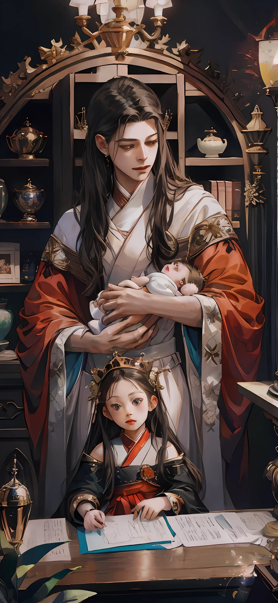 ember,holding baby,The king,HighestQuali,Exquisite graphics,8K,tmasterpiece