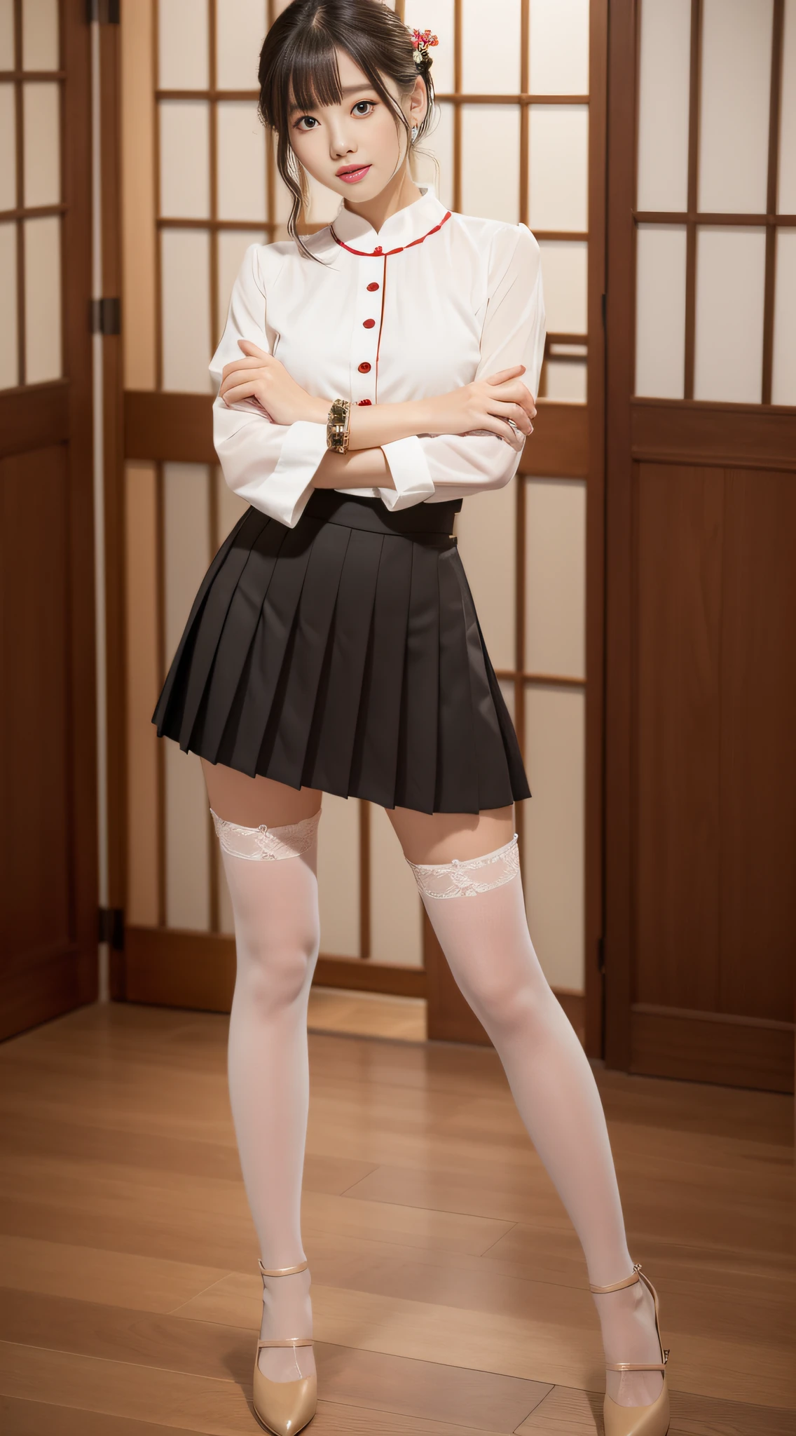 Charming Japanese style beauty、White blouse、Black pleated skirt、charming oval face、二重まぶた、Clear eyes、Red shiny lips、Beige stockings、Floral stockings、panthyhose、Beautiful thin legs、toned ankles、The ultra -The high-definition、The ultra-detailliert、Elegant standing figure、top-quality、8K、ultra-detailliert、9 head body、seductiv、A bracelet