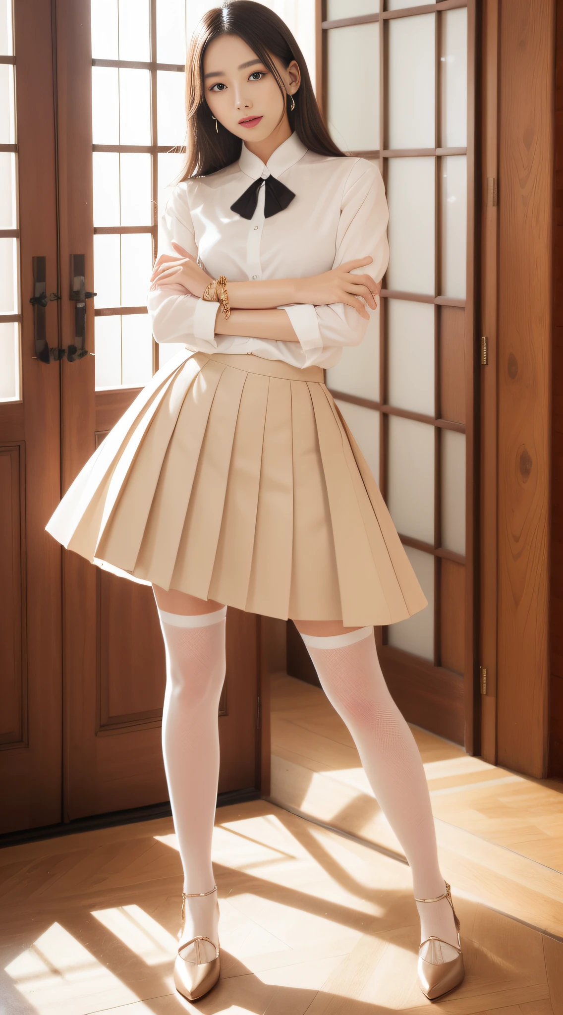 Charming Japanese style beauty、White blouse、Black pleated skirt、charming oval face、二重まぶた、Clear eyes、Red shiny lips、Beige stockings、Floral stockings、panthyhose、Beautiful thin legs、toned ankles、The ultra -The high-definition、The ultra-detailliert、Elegant standing figure、top-quality、8K、ultra-detailliert、9 head body、seductiv、A bracelet