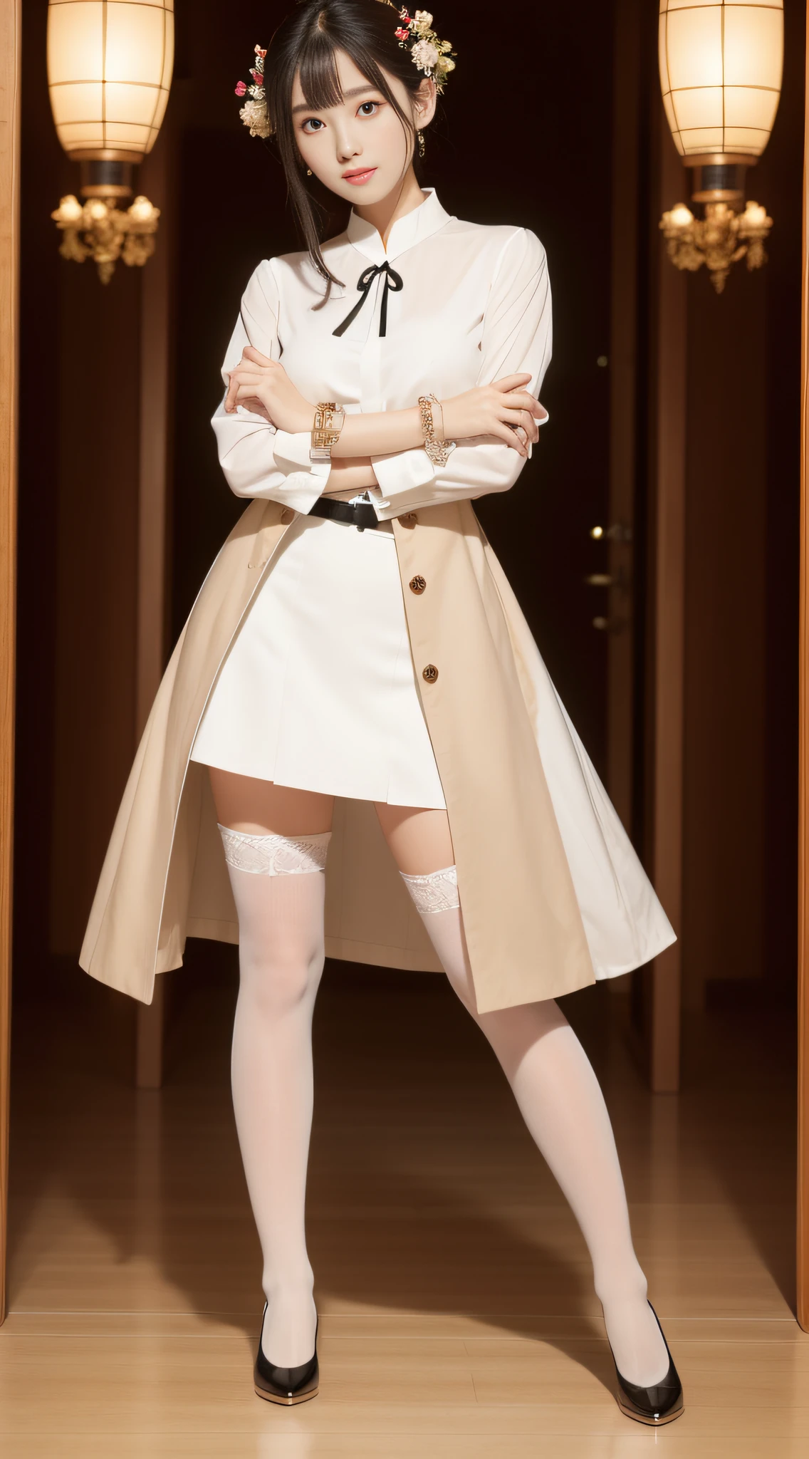 Charming Japanese style beauty、White blouse、a black skirt、charming oval face、二重まぶた、Clear eyes、Red shiny lips、Beige stockings、Floral stockings、panthyhose、Beautiful thin legs、toned ankles、The ultra -The high-definition、The ultra-detailliert、Elegant standing figure、top-quality、8K、ultra-detailliert、9 head body、seductiv、A bracelet