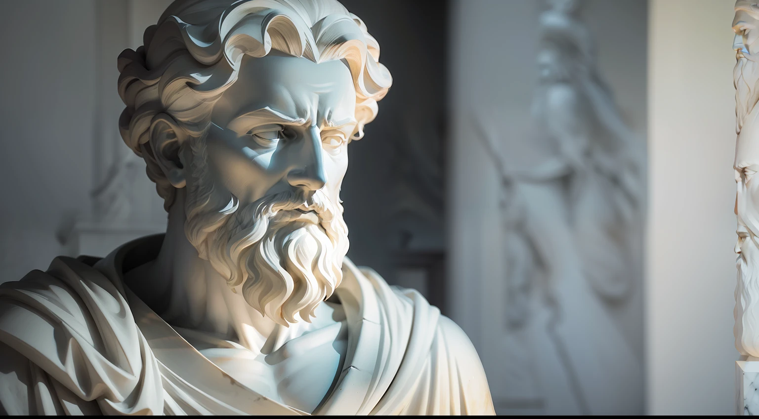 White marble statue of bust of wise man with the style of the bearded Greek philosopher in the museum. Atmosfera escura, alto contraste de luz e sombra, fotografia profissional, utrarealista, Light Volumetric, cinemactic