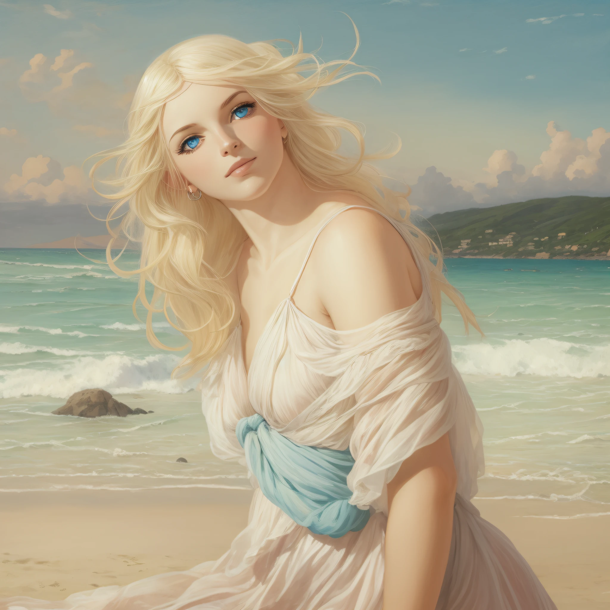 A blonde blue-eyed greek nymph in a beach