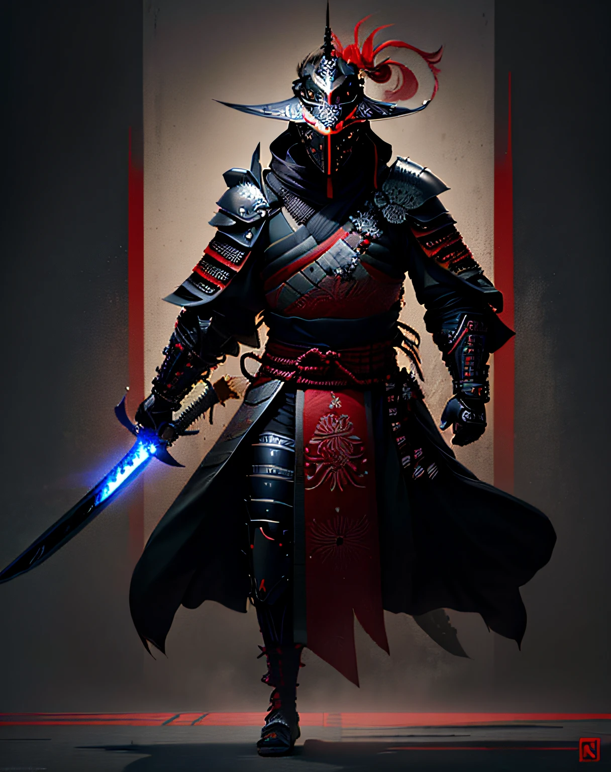 um close up de uma pessoa com uma espada e um capacete, Benedick Bana, cavaleiro de sangue, Ronin, inspired by Kanō Hōgai, Demon Samurai, armadura preta, O Ninja preto, demon samurai warrior, inspired by Kanō Sanraku, epic samurai warrrior, samurai cyberpunk, como samurai, armadura preta, fundo branco