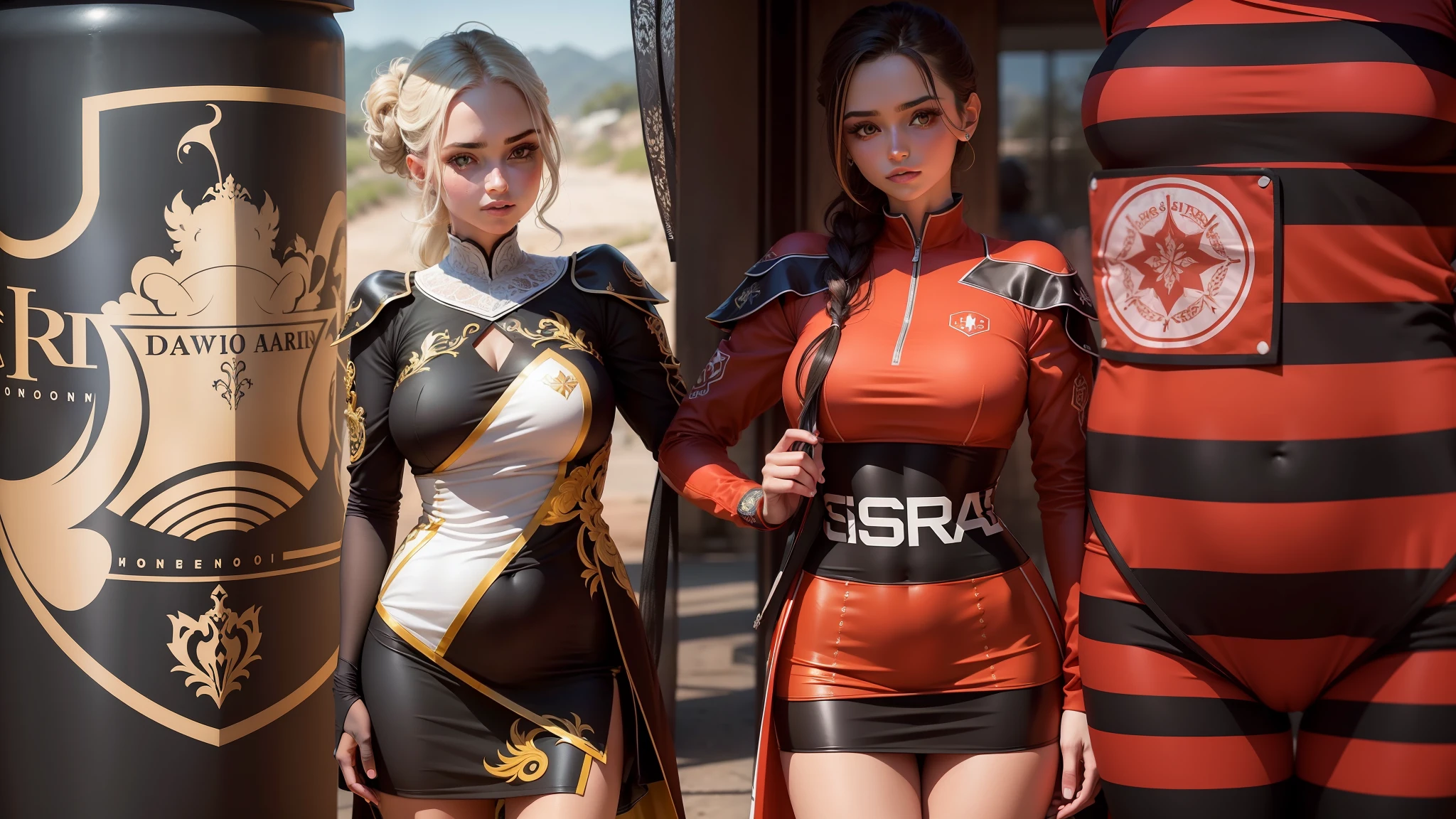 Vestidos mais curtos e sua rivalidade apenas parecem, Imagem mais realista de forma humana, Duas belas e perfeitas mulheres rivais. A new version of the logos, e novo estilo de roupas