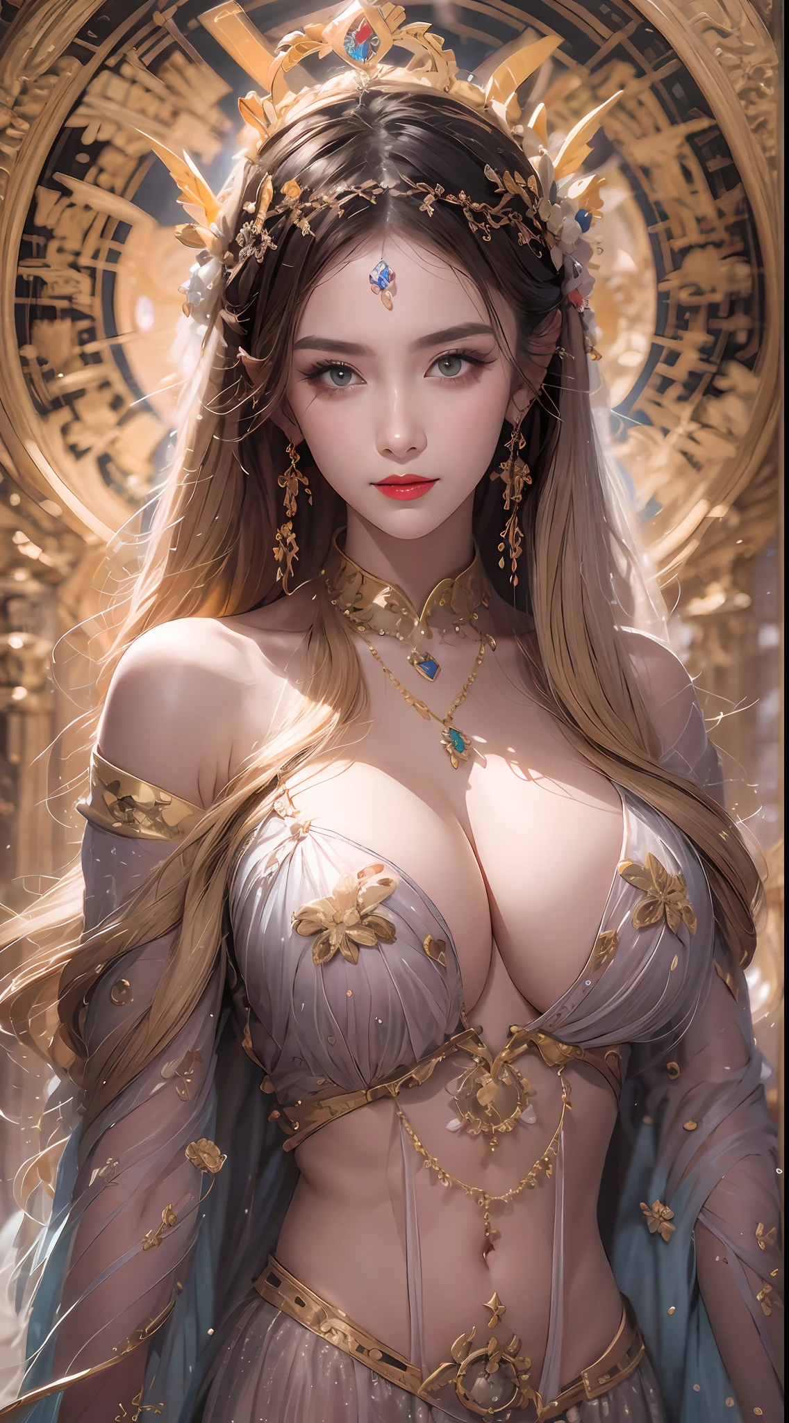 Portrait of a 27-year-old saint, ((bare chest:0.5)), beautiful saint with an old face, adult, beautiful face without blemishes, (((Closed smile:1.3))), ((7-color hair length:1.2)), big crown, hair brooch, hanfu dress, chinese ancient style, full body jewelry, forehead tattoo, super even chest, face, innocent face, The most beautiful and detailed light red lipstick, ((Thin plump lips:0.3)), ((Golden Eyes color:0.6)), Detailed and delicate lighting effects, light and dark, dramatic lighting, magical light, extremely detailed light, true color, super sharp, realistic, 8k quality, fantasy universe background, saints and magical space, the most detailed images, ((Solo:0.3)), ((a saintess:0.6)), ((looking directly at the saint's upper body:0.4)), ((smooth skin:0.5)), ((the holy woman's veil:0.6)), , blonde, ((Naked:0.7)), ((Chest squeeze:0.5)),