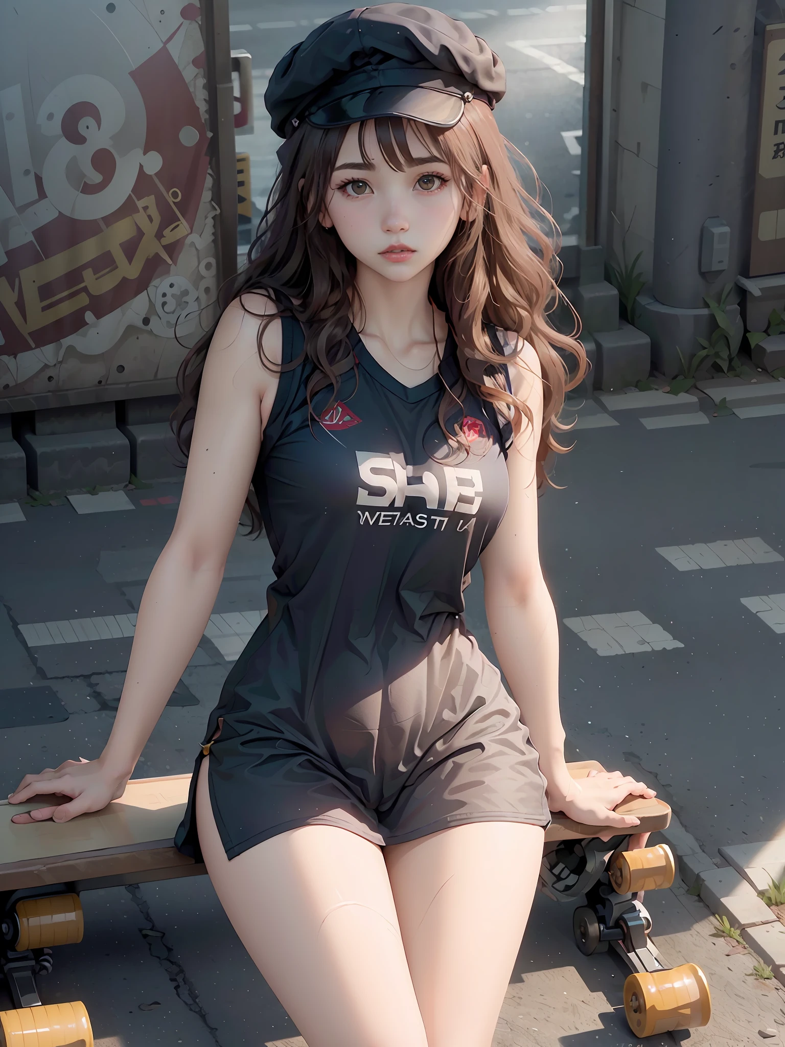 ((medium breasts⁩, Beautiful Girl, small head)), Daylight, Sunlight, (Chiseled abs : 1.1), (Perfect body : 1.1), (Wavy Hair : 1.2) , Black Long Hair, nice legs, Wearing a skateboard uniform , Cap, (Very detailed CG 8k wallpaper), (extremely delicate and beautiful), (masutepiece), (Best Quality:1.0), (Ultra High Resolution:1.0),  Beautiful lighting ,Perfect Lightning, Realistic Shadows, [hight resolution], Detailed skin, Ultra-detailed,Skateboarding Venues