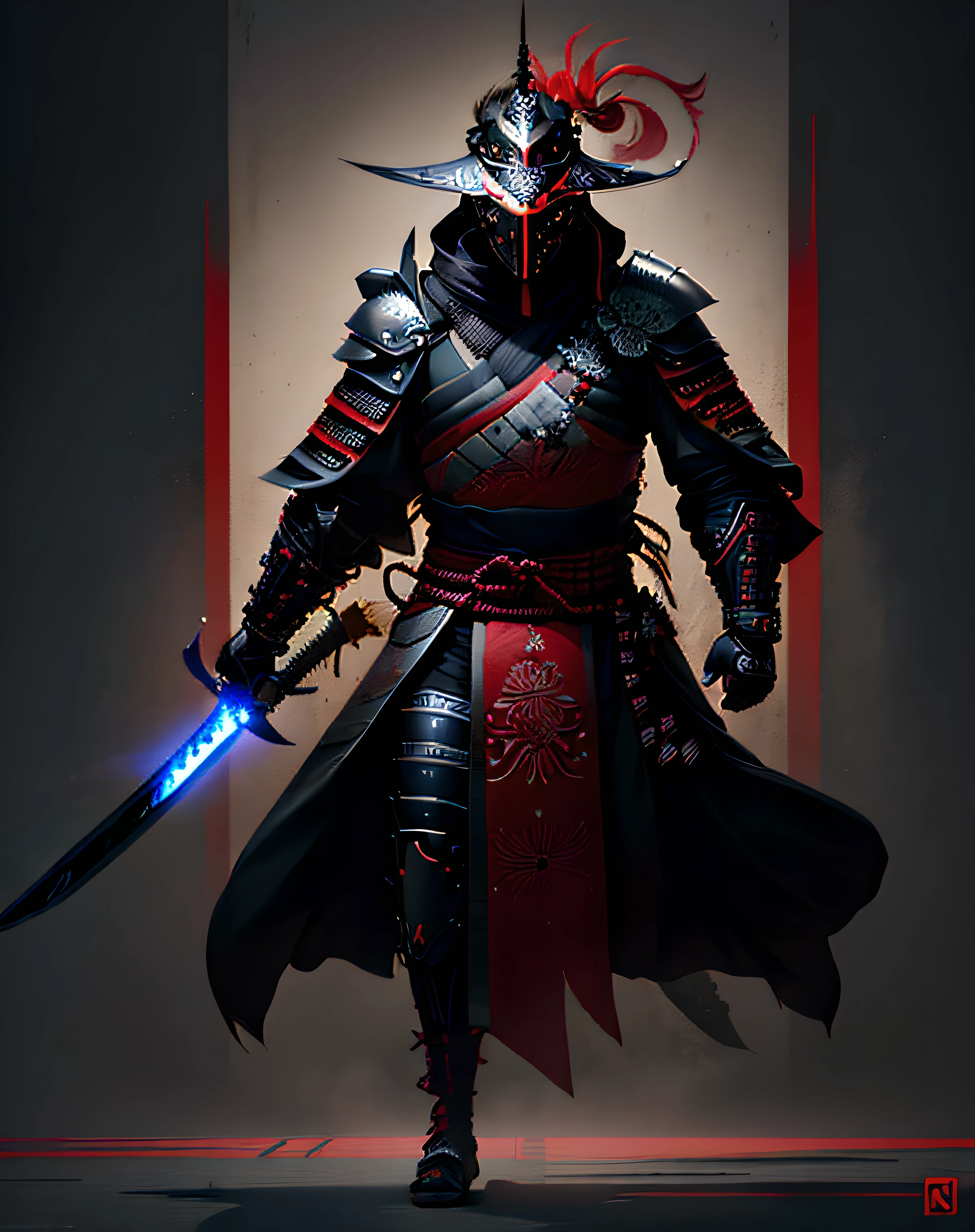 um close up de uma pessoa com uma espada e um capacete, Benedick Bana, cavaleiro de sangue, Ronin, inspired by Kanō Hōgai, Demon Samurai, armadura preta, O Ninja preto, demon samurai warrior, inspired by Kanō Sanraku, epic samurai warrrior, samurai cyberpunk, como samurai, armadura preta, fundo branco