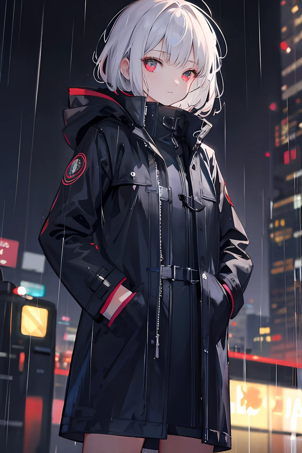 1girl,night city,Rain,coat,hands in pockets