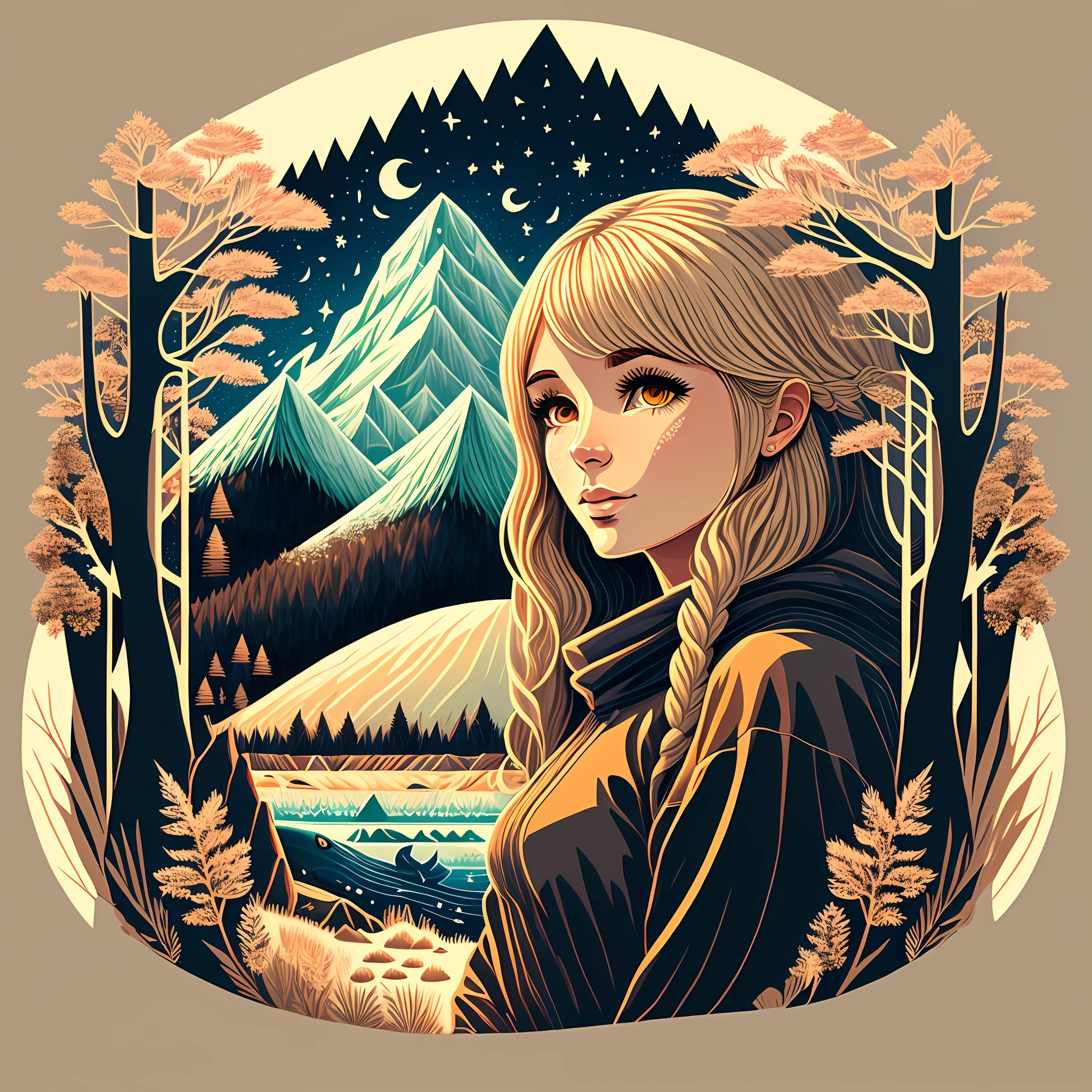Illustrated art of a blonde Nordic woman, The background is a forest and a frozen mountain. There's a whale, um macaco, uma abelha e uma lhama ao fundo