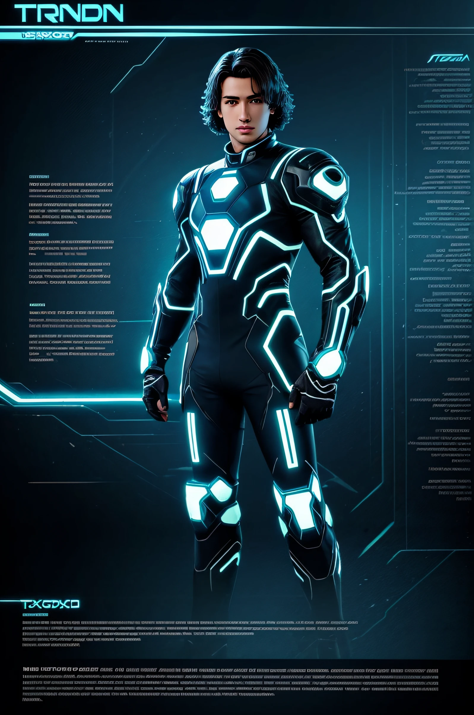 Anthropomorphic character sheet "cyberpunk soldier from the movie Legacy of TRON", anthropomorficfic "soldado ciberpunk con moto de luz", "Legado de TRON" Articles, Hoja de juegos RPG, Libro de bocetos, trozos de color, ligeramente coloreado, Boceto aproximado, texto "Legado de TRON", texto "Digital", Modernismo