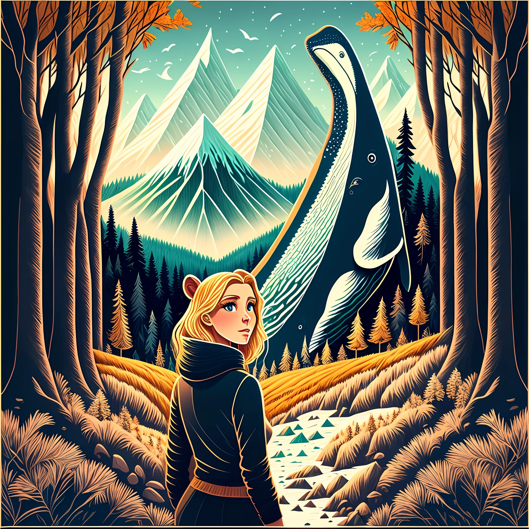 Illustrated art of a blonde Nordic woman, The background is a forest and a frozen mountain. There's a whale, um macaco, uma abelha e uma lhama ao fundo