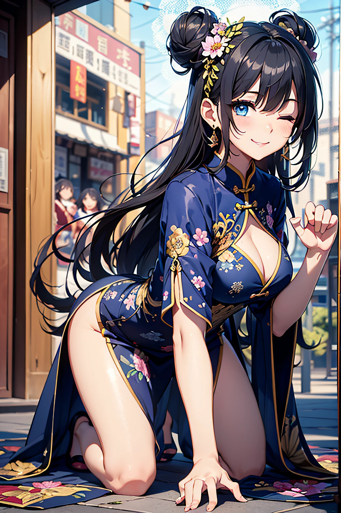 (top-quality、in 8K、32K、masterpiece、nffsw、ighly detailed:1.2)、sideshot、Full body, blue open sky、Chinese towns、beauitful face、blurry backround、20-year-old beauty、shinny skin、black colored hair、Bun hair、Blue eyes、Chinese clothing、Floral hair ornament、raise arms、miscievous smile、thighs thighs thighs thighs、On all fours、PAW Pose、one eye closed、