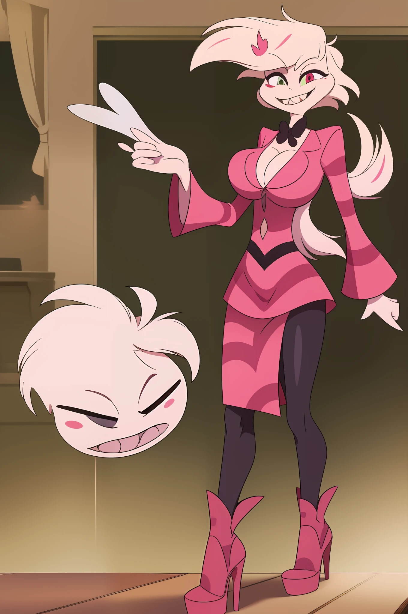 Angel Dust, hazbin hotel style, bimbo, big breast, alone, flip flops, walking, smug