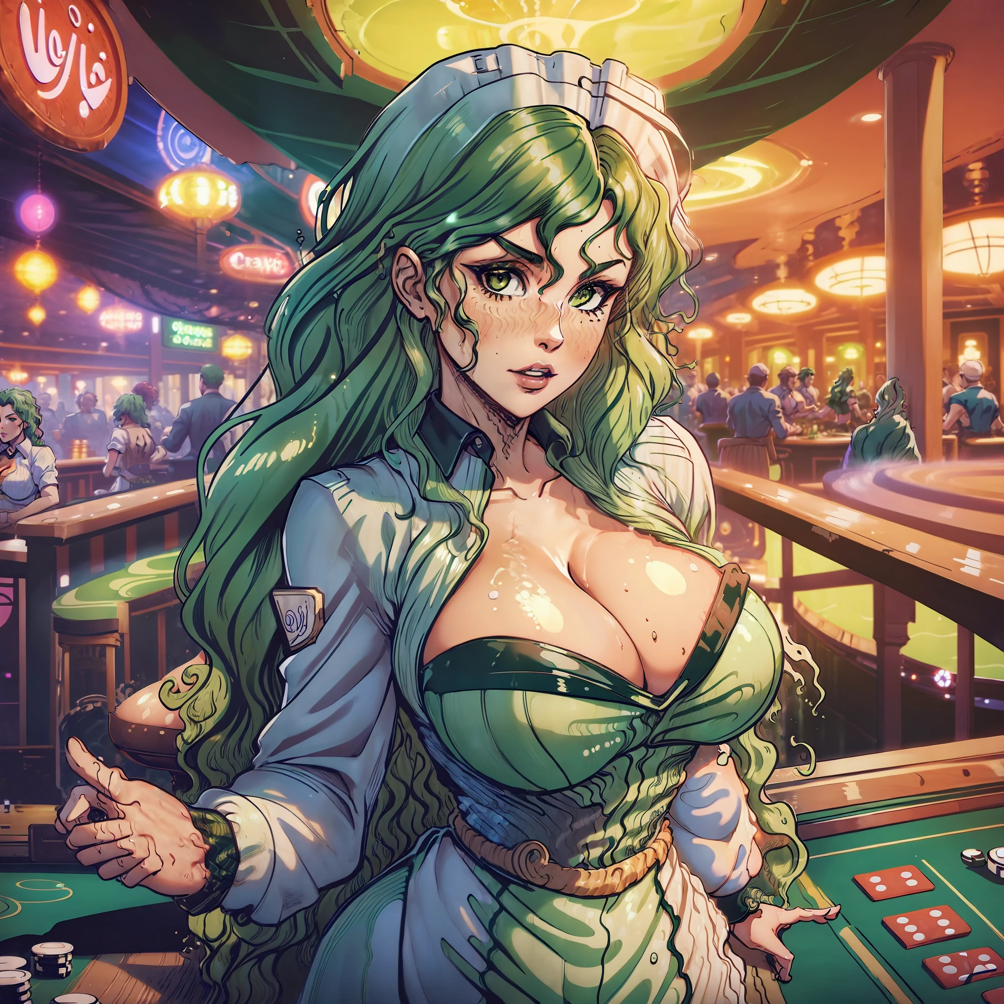 (wavy green hair woman:1.4), waitress costume, huge breasts, shoving cleavage, in a casino