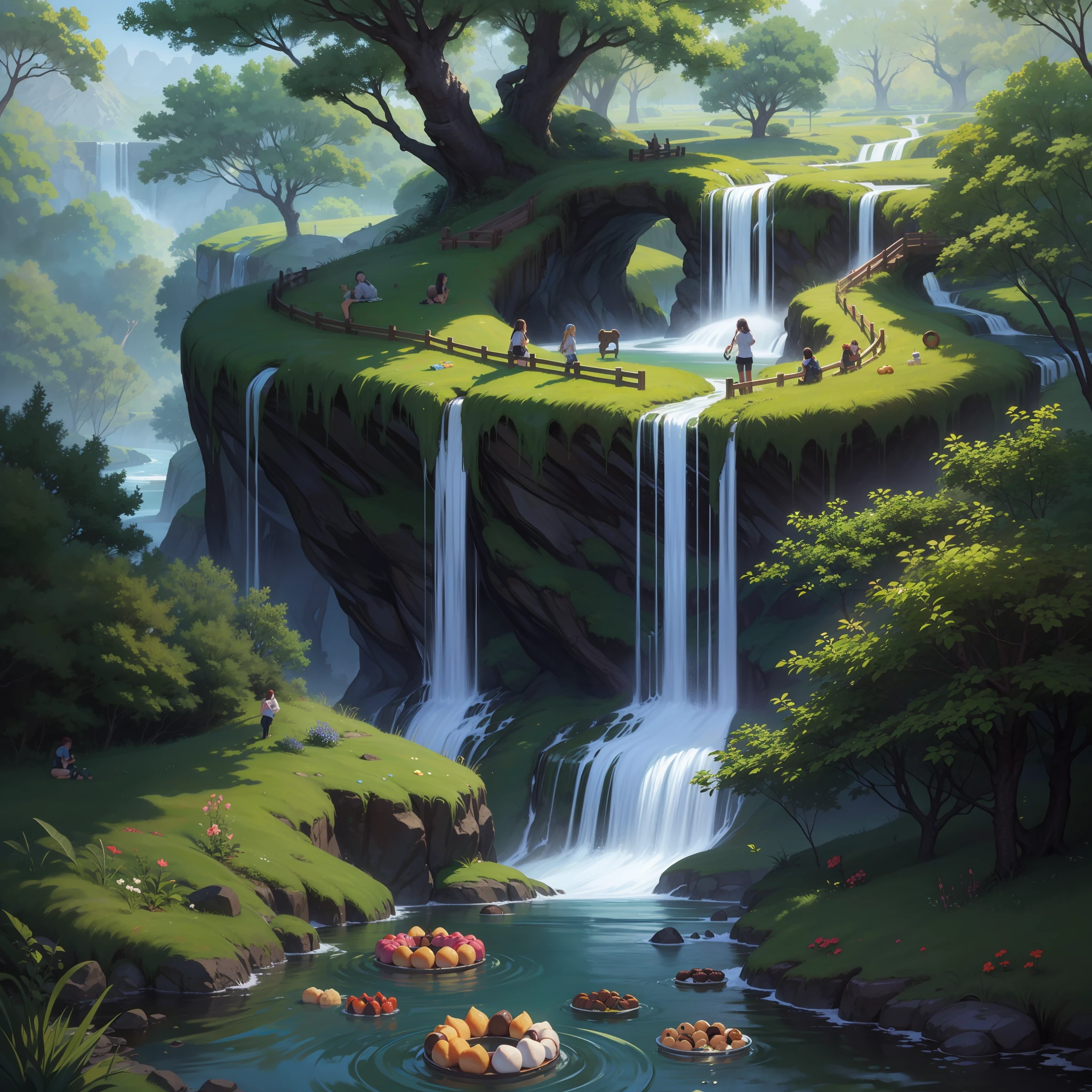 Liquid chocolate waterfall and green trees, con magdalenas y donuts por todos sitios Pintura digital
