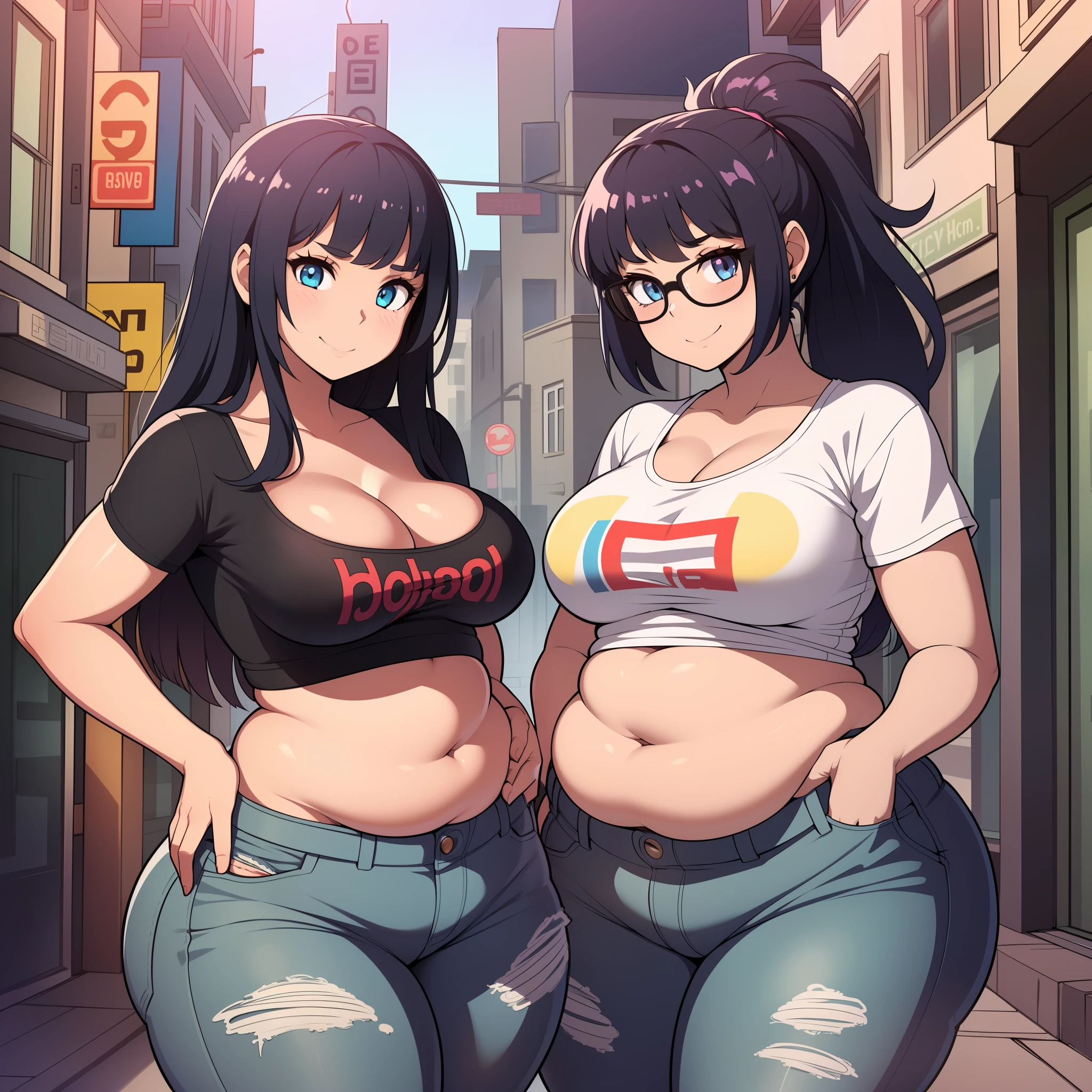 (((kipteitei art))), ((masterpiece)), (((best quality))), ((ultra-detailed)), (((illustration))), detailed face, detailed body, ((2girls)), ((Line art)), (in the style of cell shaded), (vivid colors), skindentation, (((fluffy hair))), looking at viewer, cowboy shot, happy, bright smile, tee shirt, blue jeans, skirt, (tight clothes), town, street, medium breasts, cleavage, perky breasts, tummy bulge, ((pudgy)), fat folds, (belly hang), soft body, gaining weight, ((wide hips)), (((thick thighs))), 2 girls standing next to each other,