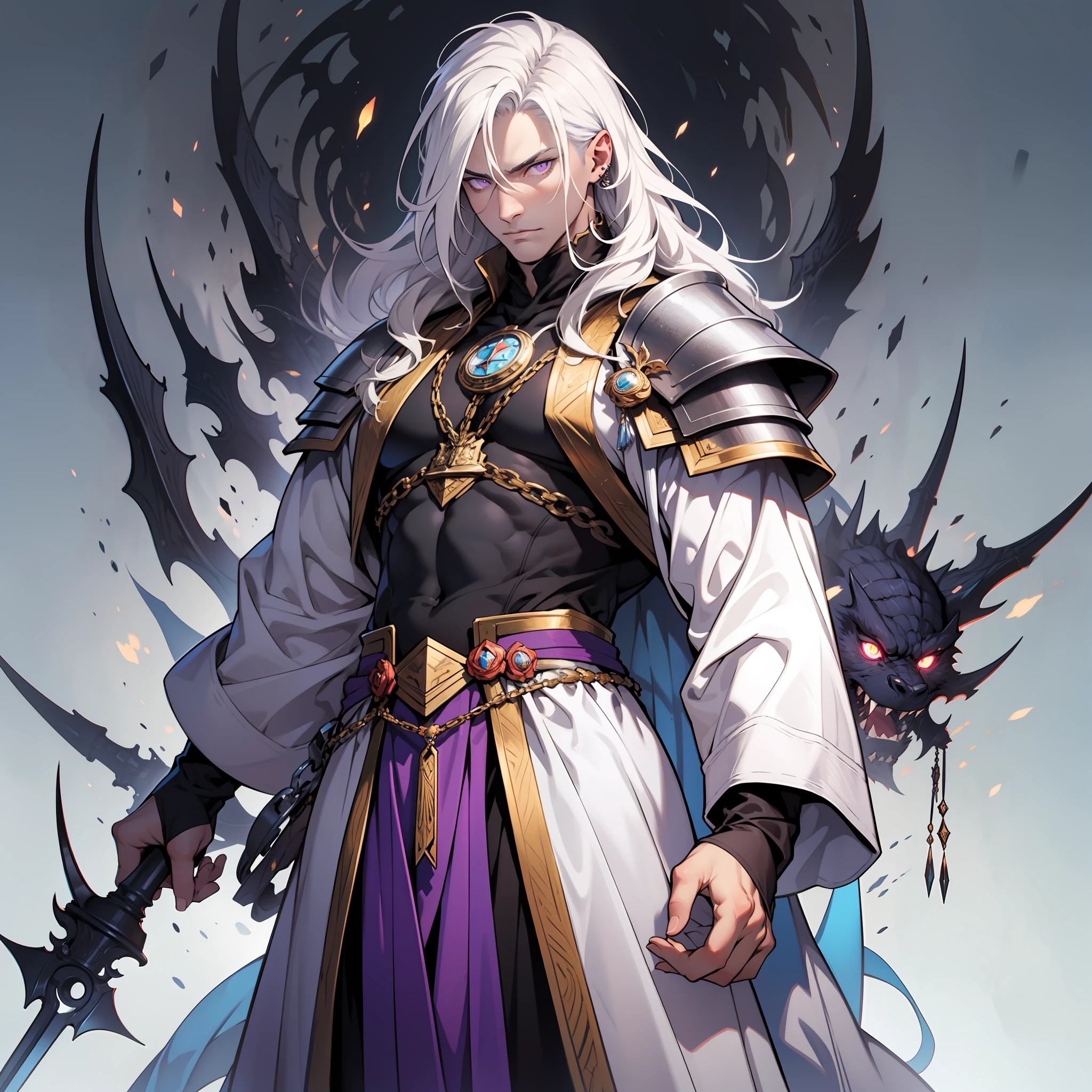 Melkor is much taller than the average human. He is around the same height as myself - and we are both fairly tall. He has shoulder length white hair, just like mine, and piercing purple eyes with sharp silver pupils. He is strong and looks every bit the warrior prince he is. His demeanor is proud and regal, he carries himself with a sense of superiority that cannot be rivaled.
