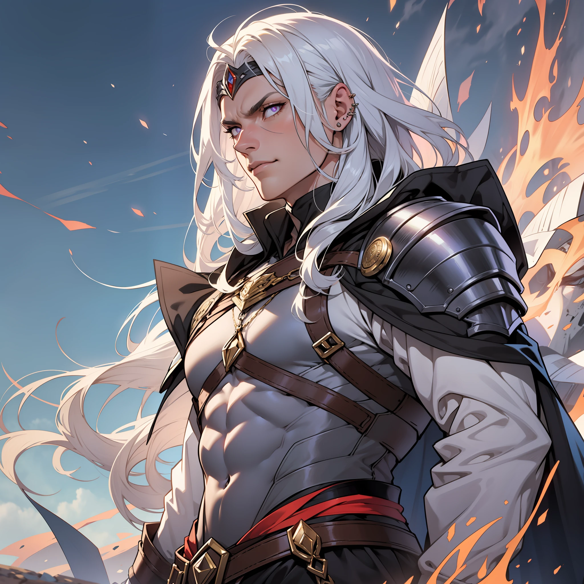 Melkor is much taller than the average human. He is around the same height as myself - and we are both fairly tall. He has shoulder length white hair, just like mine, and piercing purple eyes with sharp silver pupils. He is strong and looks every bit the warrior prince he is. His demeanor is proud and regal, he carries himself with a sense of superiority that cannot be rivaled.