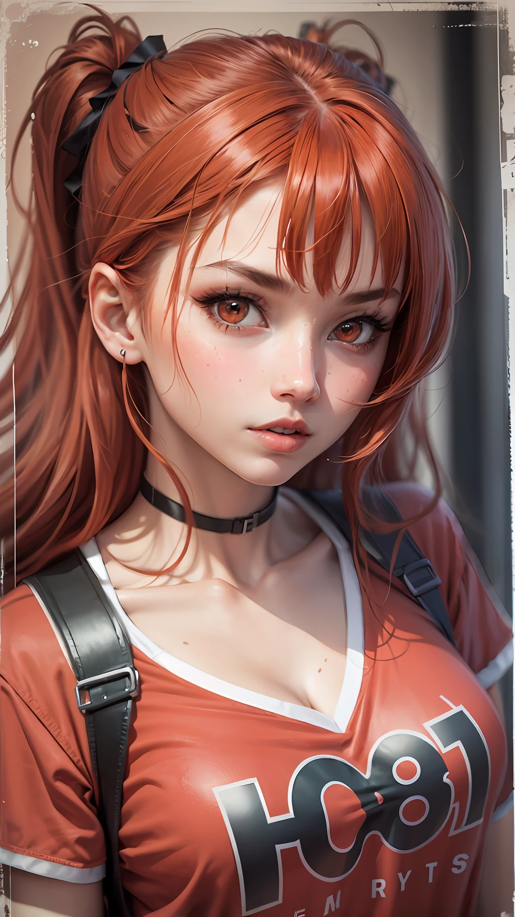 1girl, red hair, red eyes, red shirt